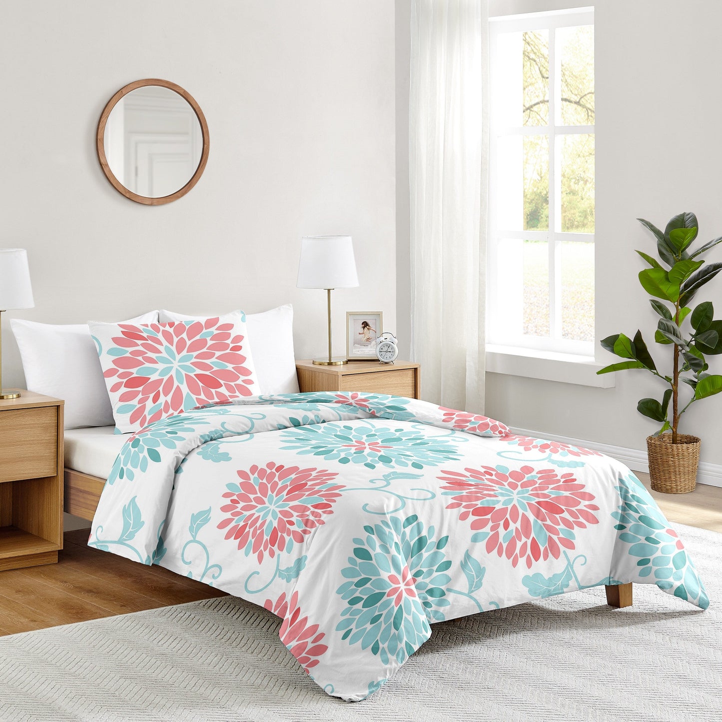 Sweet Jojo Designs Emma Girl Twin 2-teiliges Bettdecken-Set – Koralle und Türkisblau, Blumenmuster, Blüten, Shabby Chic, elegant