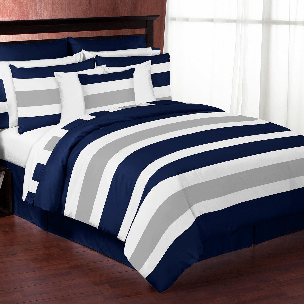Sweet Jojo Designs 3-teiliges Bettdeckenset in Marineblau und Grau mit Streifen in Full-/Queen-Size