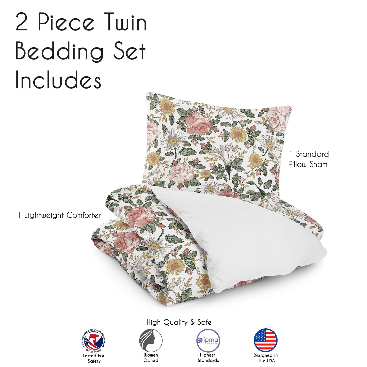 Sweet Jojo Designs Vintage Floral Boho Girl 2-teiliges Twin Bettdecken-Set, Blush Pink, Gelb, Grün, Weiß, Shabby Chic, Rose, Farmhouse