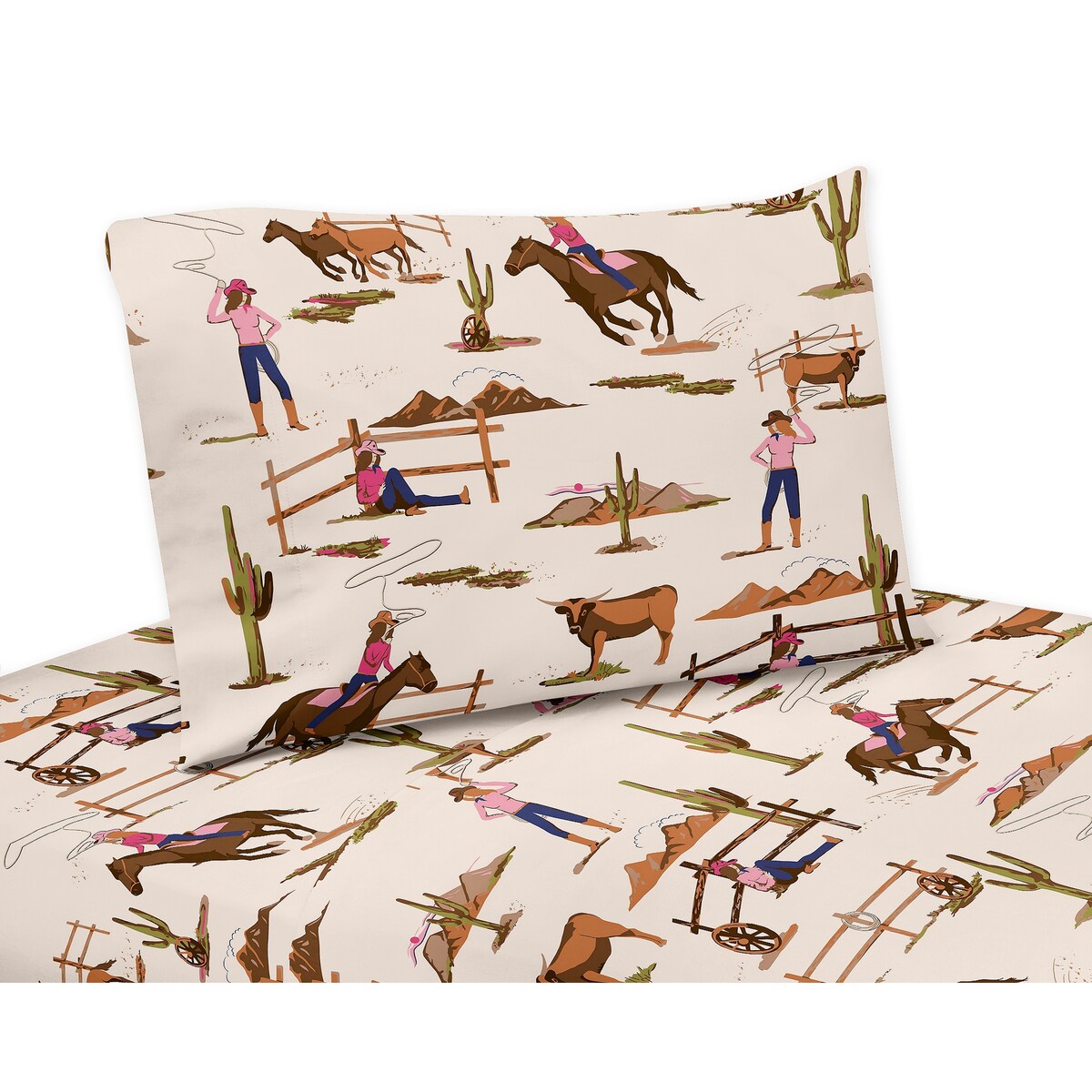 Sweet Jojo Designs Western Cowgirl Girl 4p Queen Bettlaken-Set Wilder Westen Vintage Country Retro Tier Pferd Südwesten Pink Blau Hellbraun