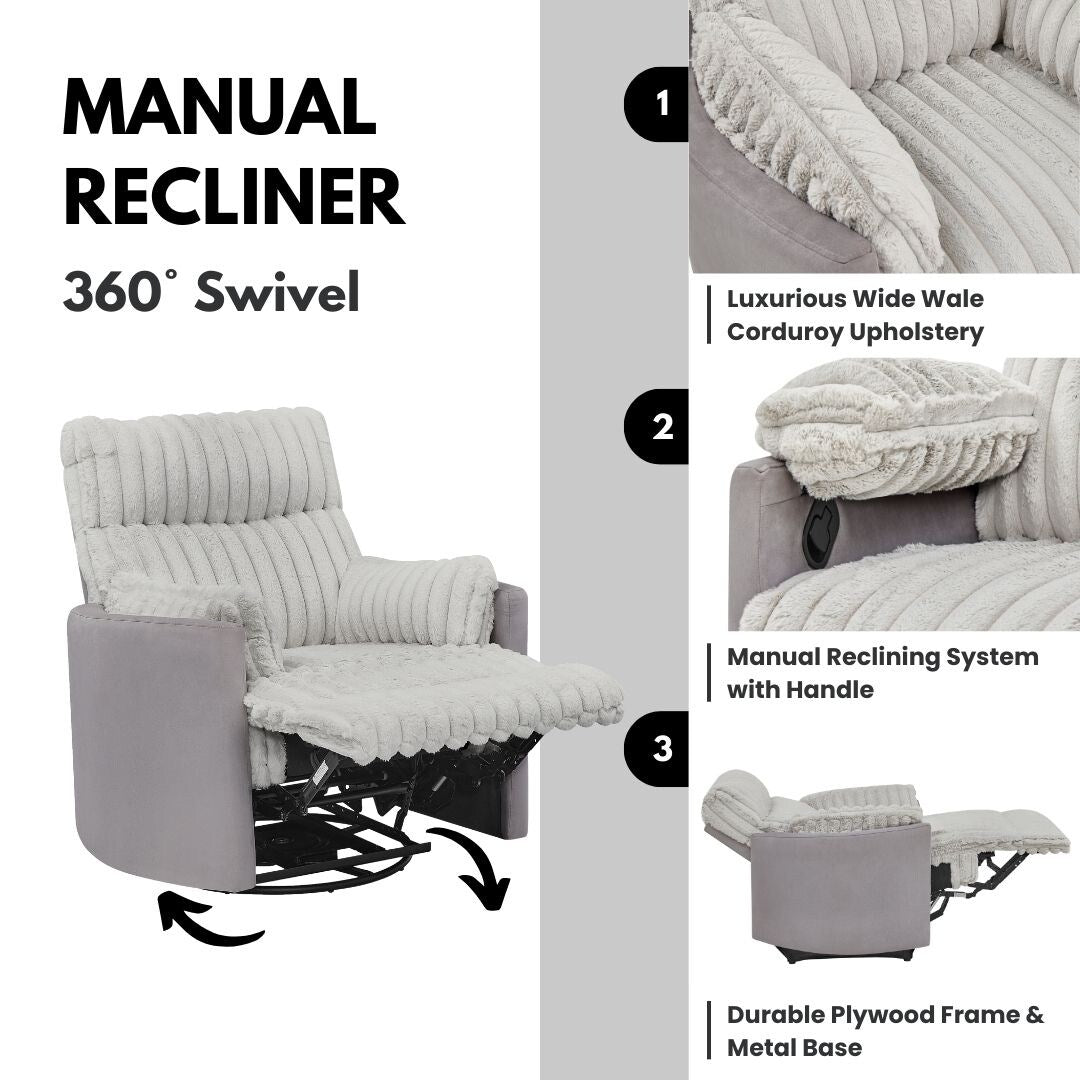 Swivel Recliner Chair with 360° Rotation and Manual Recline - Wide Plush Seat, Pillow-Top Arms, Pocket/Sinuous Springs