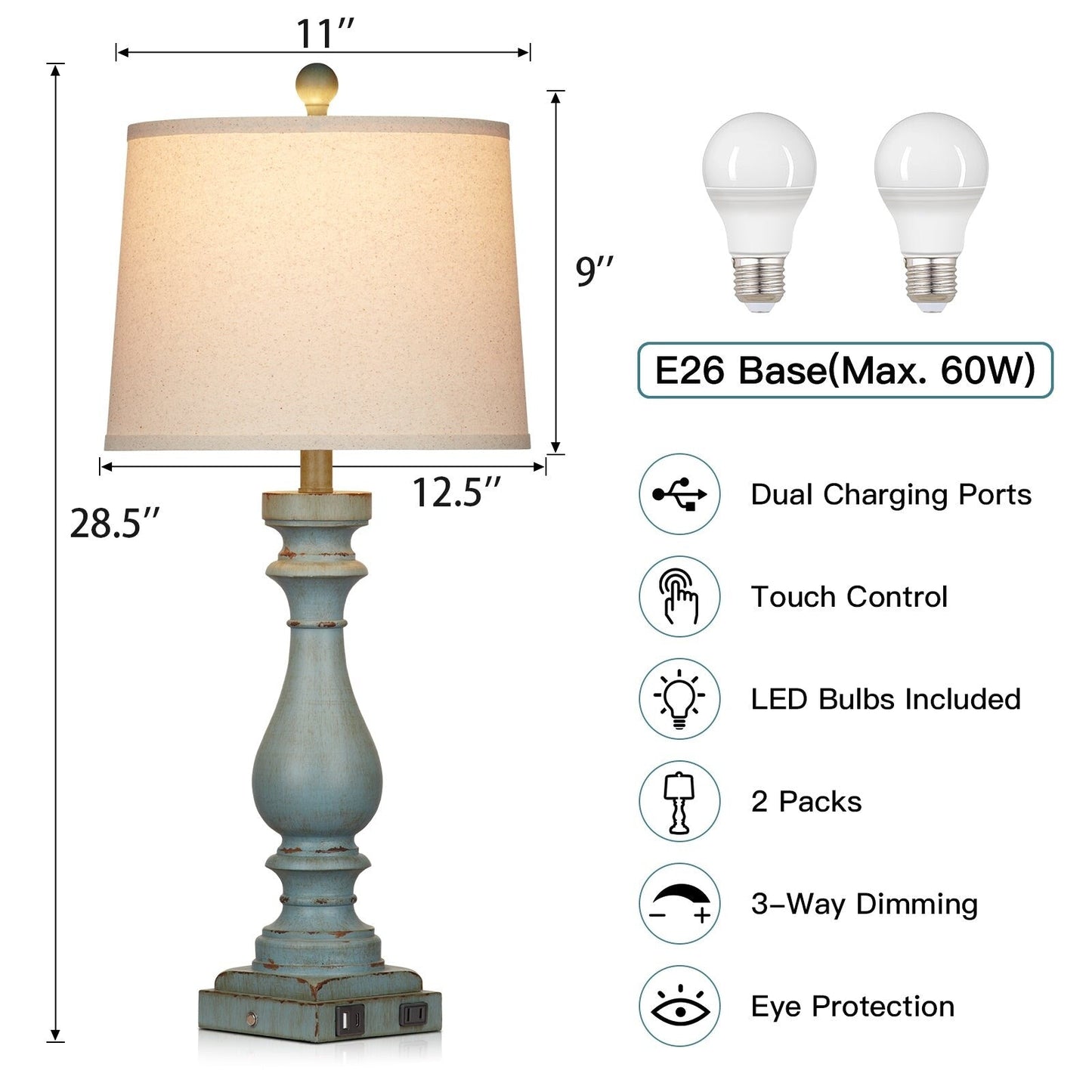 Tischlampe, blaues Harz, Tropfenform, geneigter Schirm, 3-Wege-Dimm-Touch-Schalter, USB-Typ-C-Ladeanschlüsse, Wechselstromsteckdose, kein Stroboskop (2er-Set)