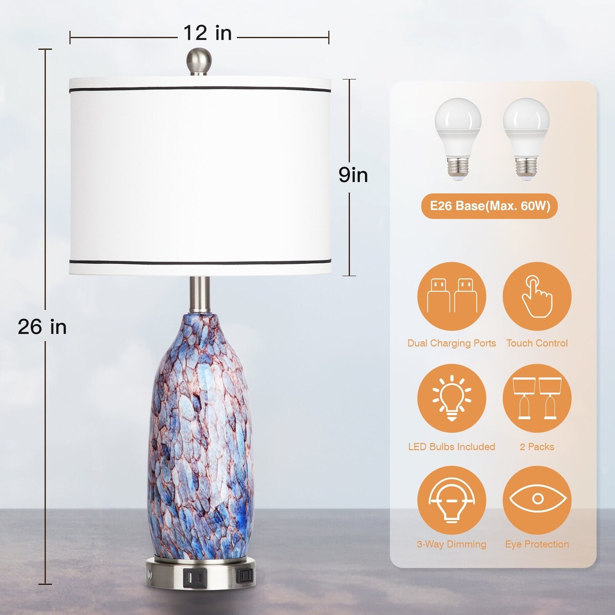 Tischlampe mit Nachtlicht 2in1 Indigoglas Lampenkörper Ladeanschlüsse AC-Steckdose Trommelschirm Touch-Dimmschalter (2er-Set)
