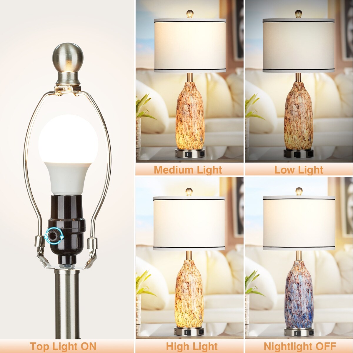Tischlampe mit Nachtlicht 2in1 Indigoglas Lampenkörper Ladeanschlüsse AC-Steckdose Trommelschirm Touch-Dimmschalter (2er-Set)
