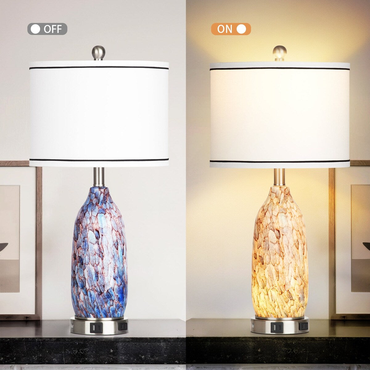 Tischlampe mit Nachtlicht 2in1 Indigoglas Lampenkörper Ladeanschlüsse AC-Steckdose Trommelschirm Touch-Dimmschalter (2er-Set)