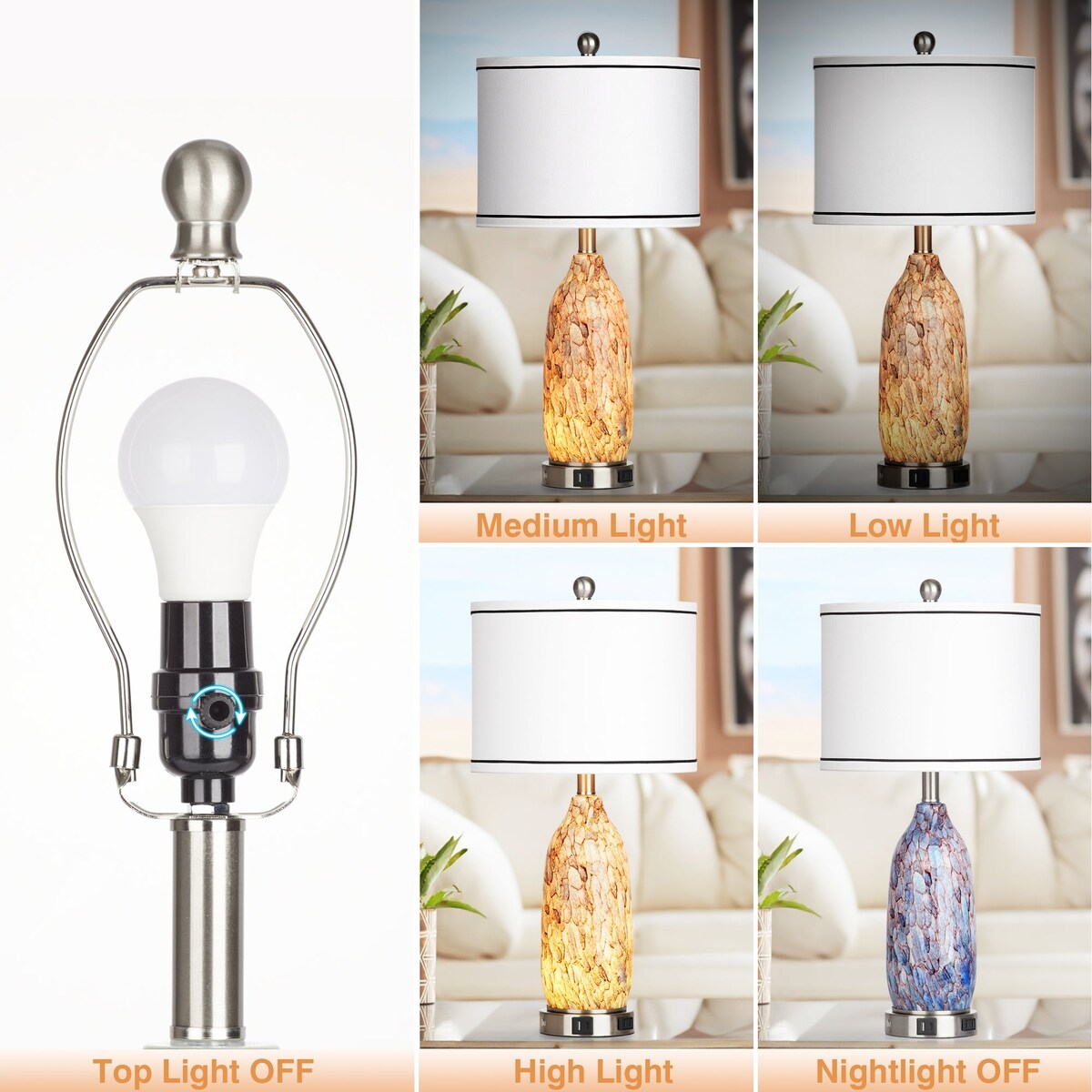 Tischlampe mit Nachtlicht 2in1 Indigoglas Lampenkörper Ladeanschlüsse AC-Steckdose Trommelschirm Touch-Dimmschalter (2er-Set)