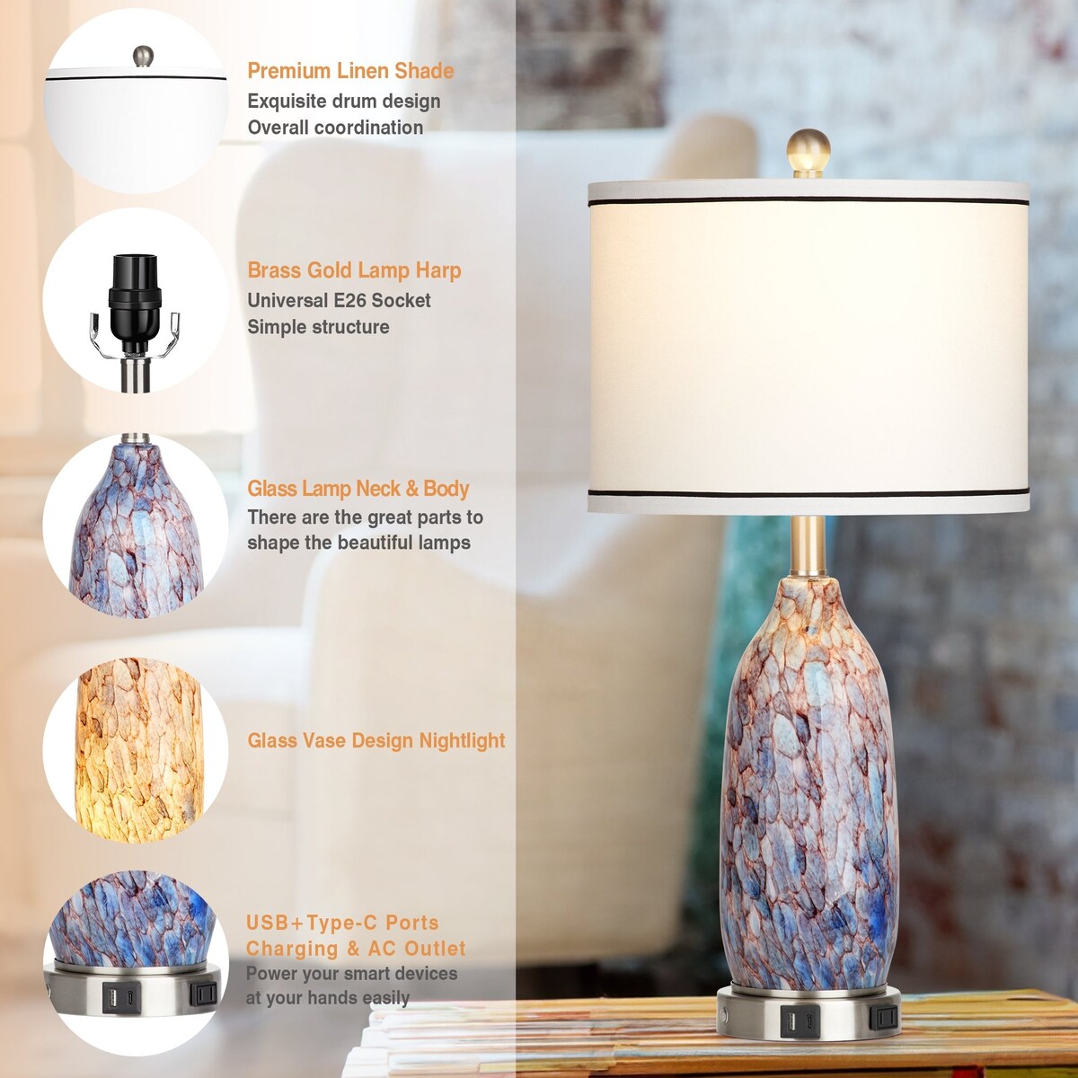 Tischlampe mit Nachtlicht 2in1 Indigoglas Lampenkörper Ladeanschlüsse AC-Steckdose Trommelschirm Touch-Dimmschalter (2er-Set)