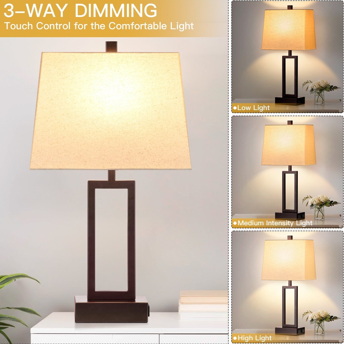 Tischlampen, braun-mattes Metall, beiger Schirm mit USB-Typ-C-Ladeanschlüssen, Wechselstromsteckdose, 3-Wege-Touch-Dimmschalter (2er-Set)