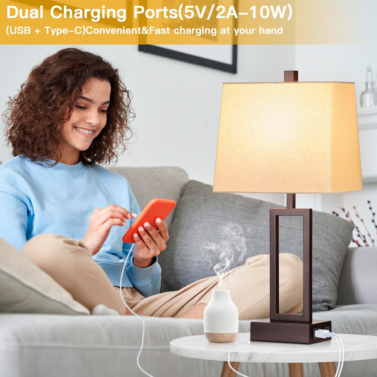Tischlampen, braun-mattes Metall, beiger Schirm mit USB-Typ-C-Ladeanschlüssen, Wechselstromsteckdose, 3-Wege-Touch-Dimmschalter (2er-Set)