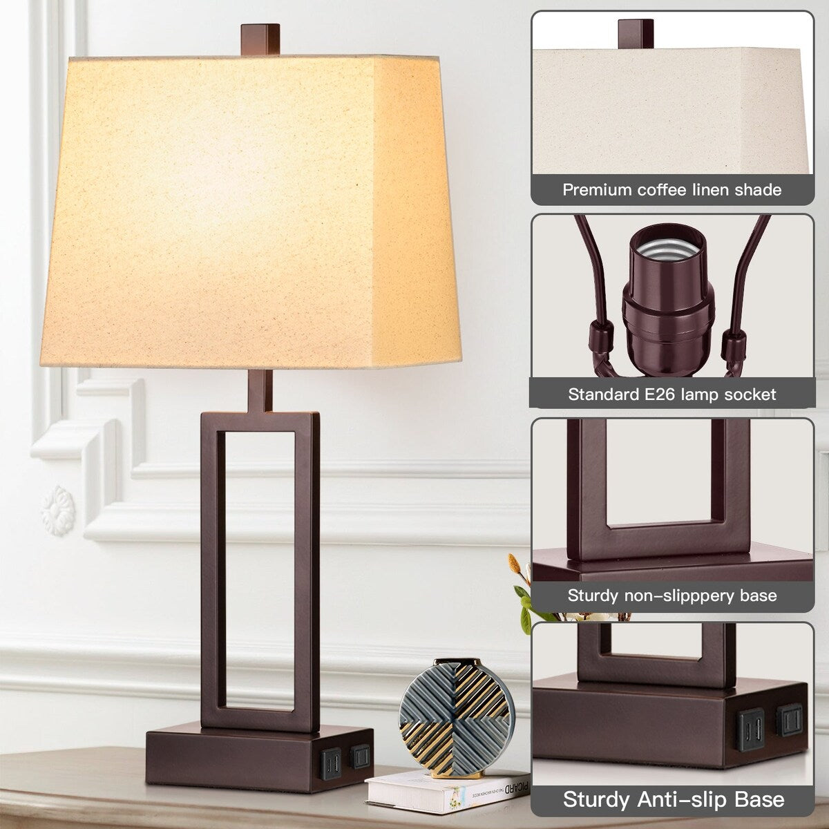 Tischlampen, braun-mattes Metall, beiger Schirm mit USB-Typ-C-Ladeanschlüssen, Wechselstromsteckdose, 3-Wege-Touch-Dimmschalter (2er-Set)