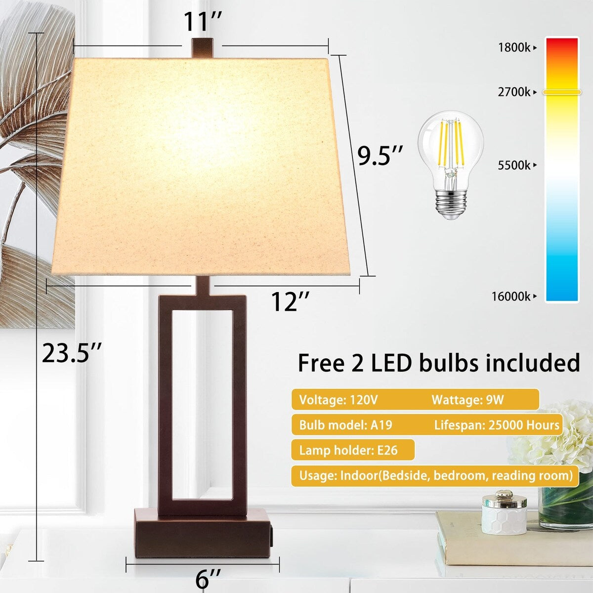 Tischlampen, braun-mattes Metall, beiger Schirm mit USB-Typ-C-Ladeanschlüssen, Wechselstromsteckdose, 3-Wege-Touch-Dimmschalter (2er-Set)