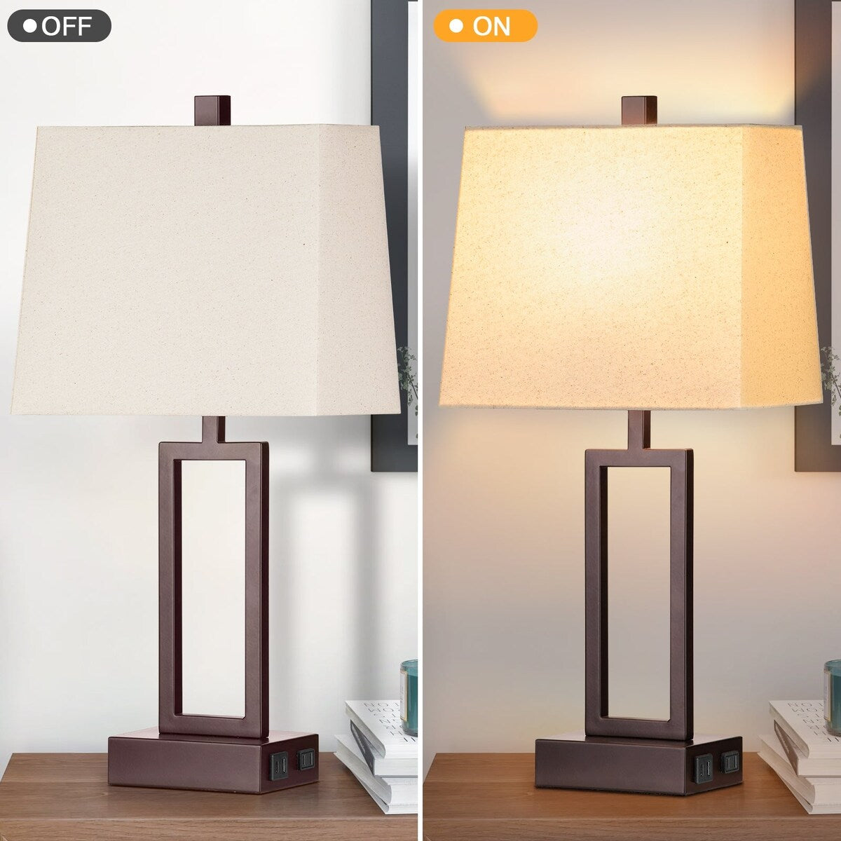 Tischlampen, braun-mattes Metall, beiger Schirm mit USB-Typ-C-Ladeanschlüssen, Wechselstromsteckdose, 3-Wege-Touch-Dimmschalter (2er-Set)