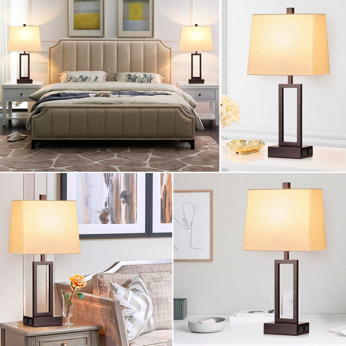 Tischlampen, braun-mattes Metall, beiger Schirm mit USB-Typ-C-Ladeanschlüssen, Wechselstromsteckdose, 3-Wege-Touch-Dimmschalter (2er-Set)