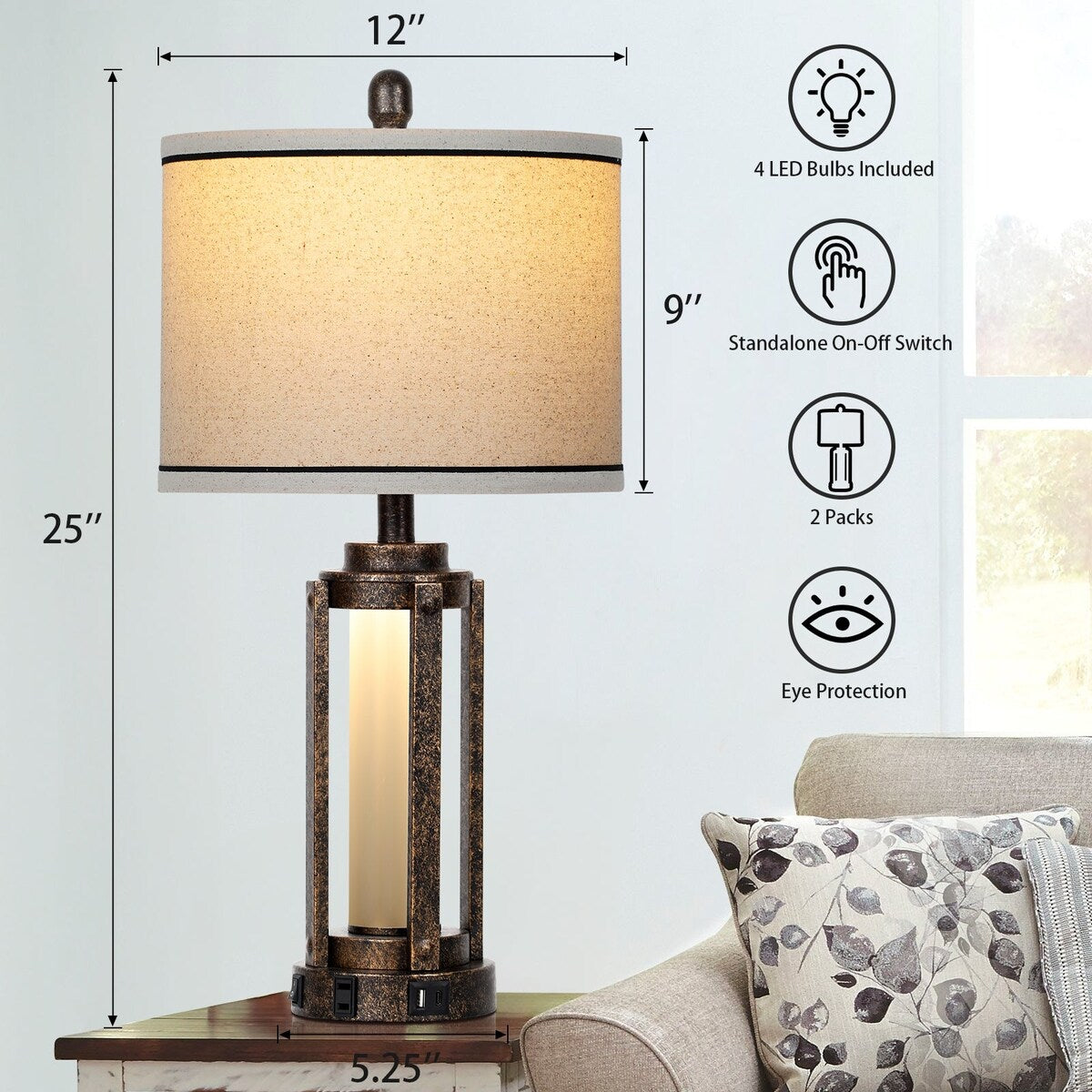 Tischlampen Metall Schwarz Gold Matt Glas Römisches Zylinder Nachtlicht 2in1 (2er Set) - 12'' x 12'' x 25'' (L x B x H)