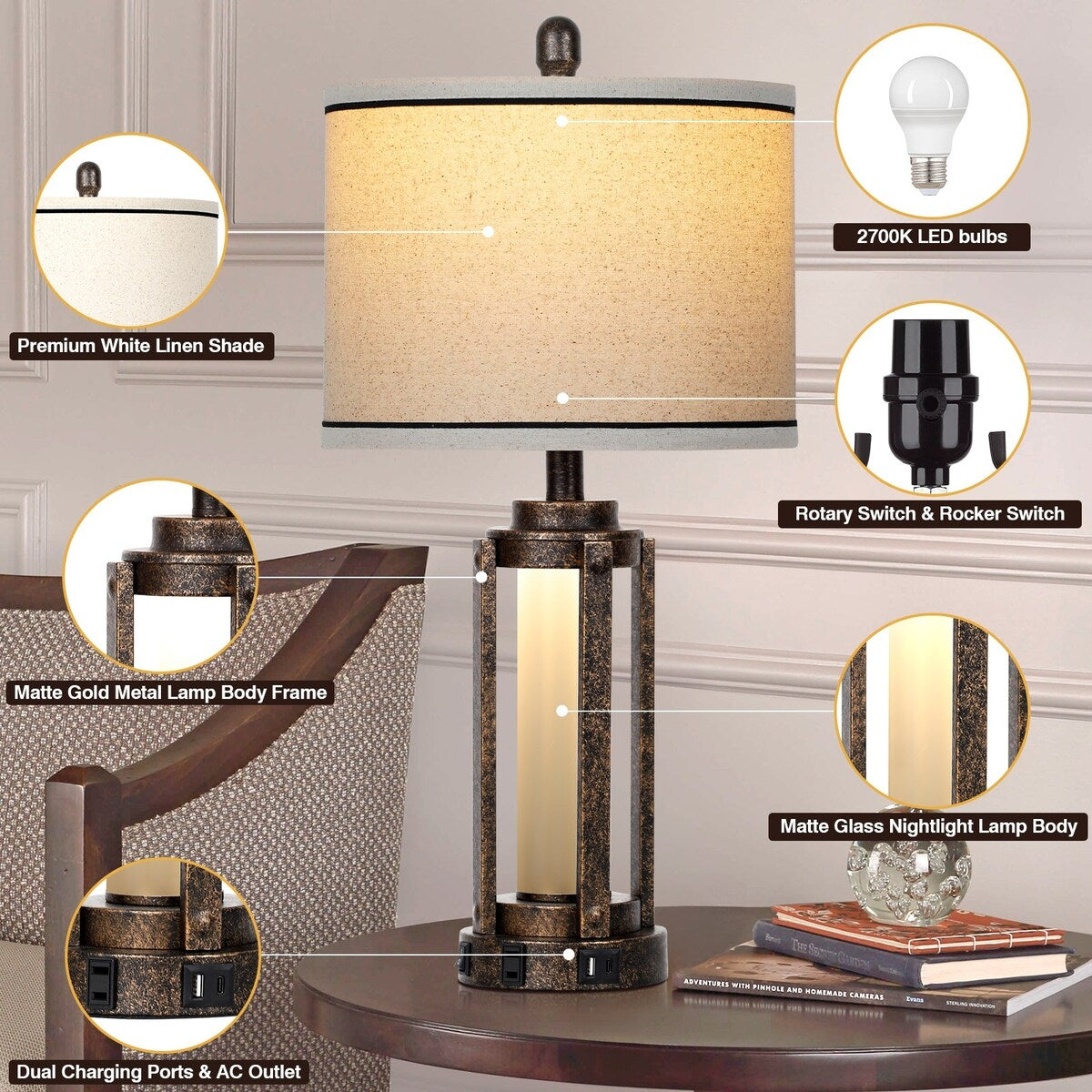 Tischlampen Metall Schwarz Gold Matt Glas Römisches Zylinder Nachtlicht 2in1 (2er Set) - 12'' x 12'' x 25'' (L x B x H)