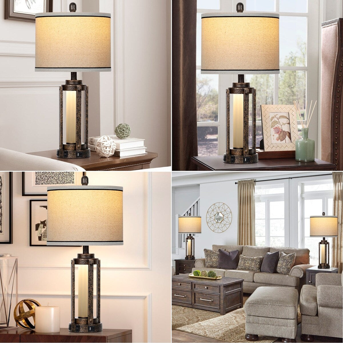 Tischlampen Metall Schwarz Gold Matt Glas Römisches Zylinder Nachtlicht 2in1 (2er Set) - 12'' x 12'' x 25'' (L x B x H)