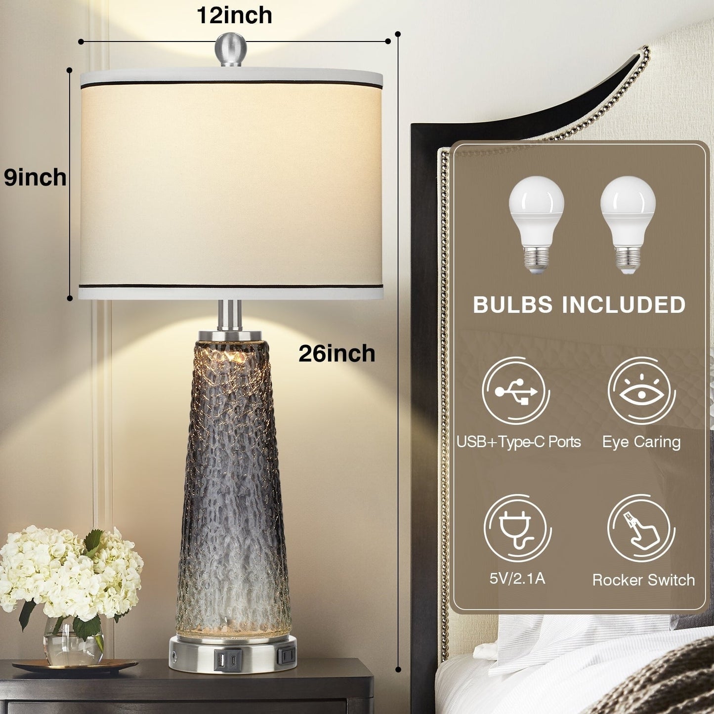 Tischlampen Nachtlicht 2in1 Glas Grau Ladeanschlüsse 2-Wege-Touch-Schalter (2er-Set) - 12'' x 12'' x 26'' (L x B x H)