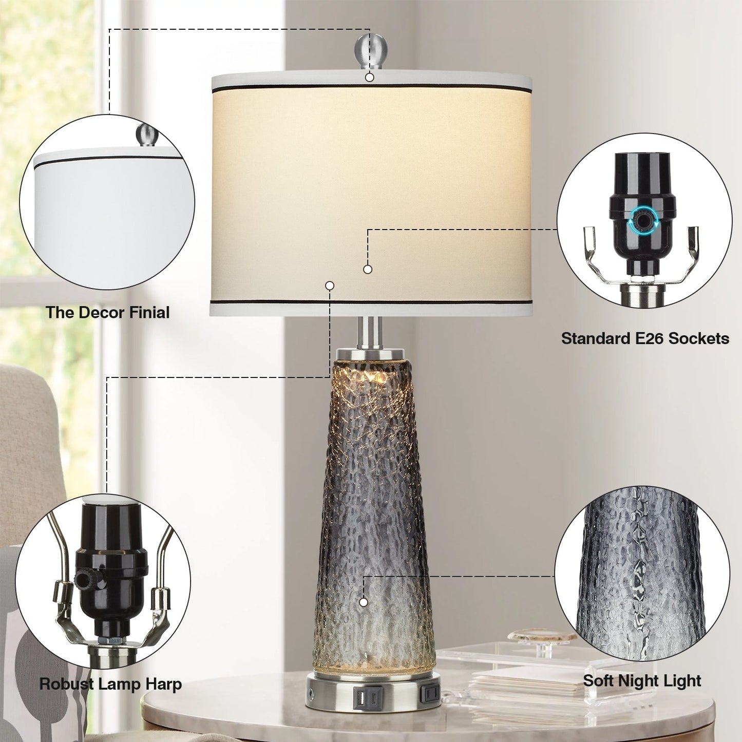 Tischlampen Nachtlicht 2in1 Glas Grau Ladeanschlüsse 2-Wege-Touch-Schalter (2er-Set) - 12'' x 12'' x 26'' (L x B x H)