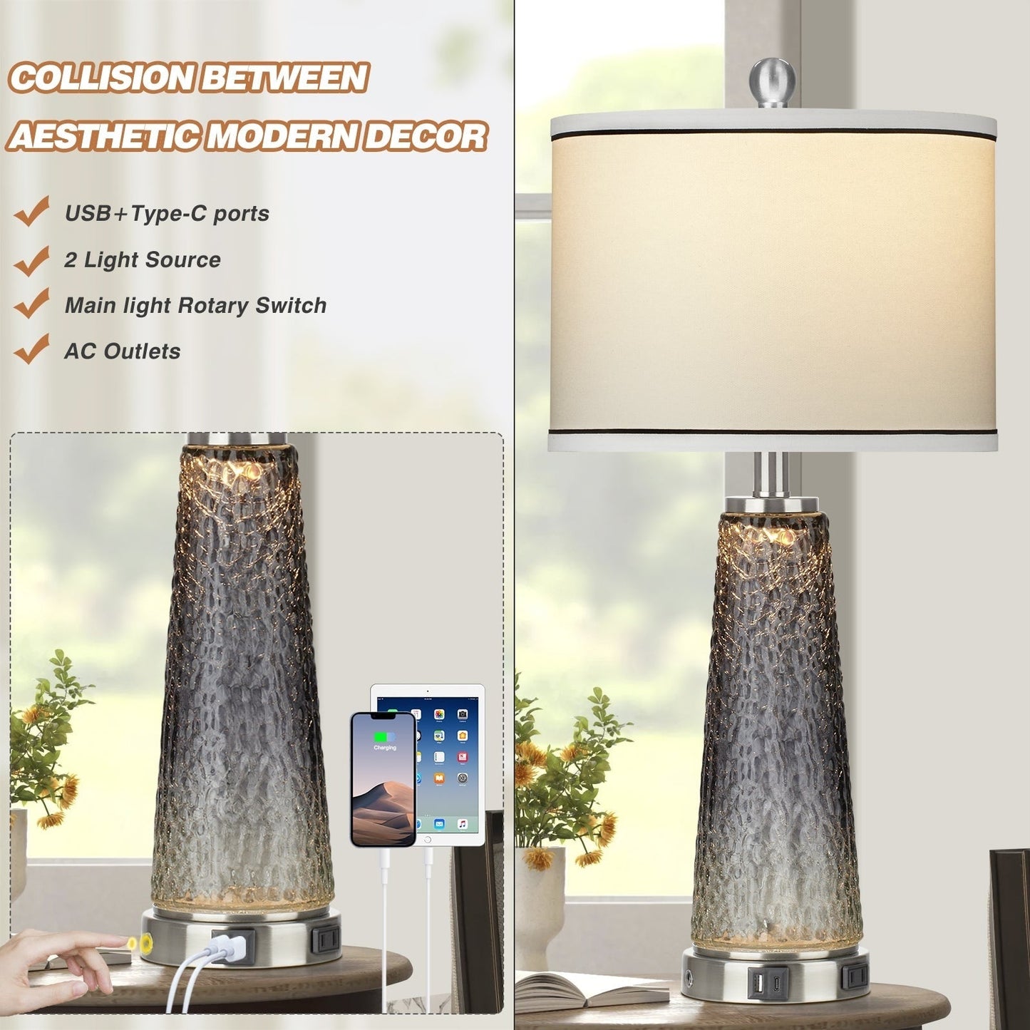 Tischlampen Nachtlicht 2in1 Glas Grau Ladeanschlüsse 2-Wege-Touch-Schalter (2er-Set) - 12'' x 12'' x 26'' (L x B x H)