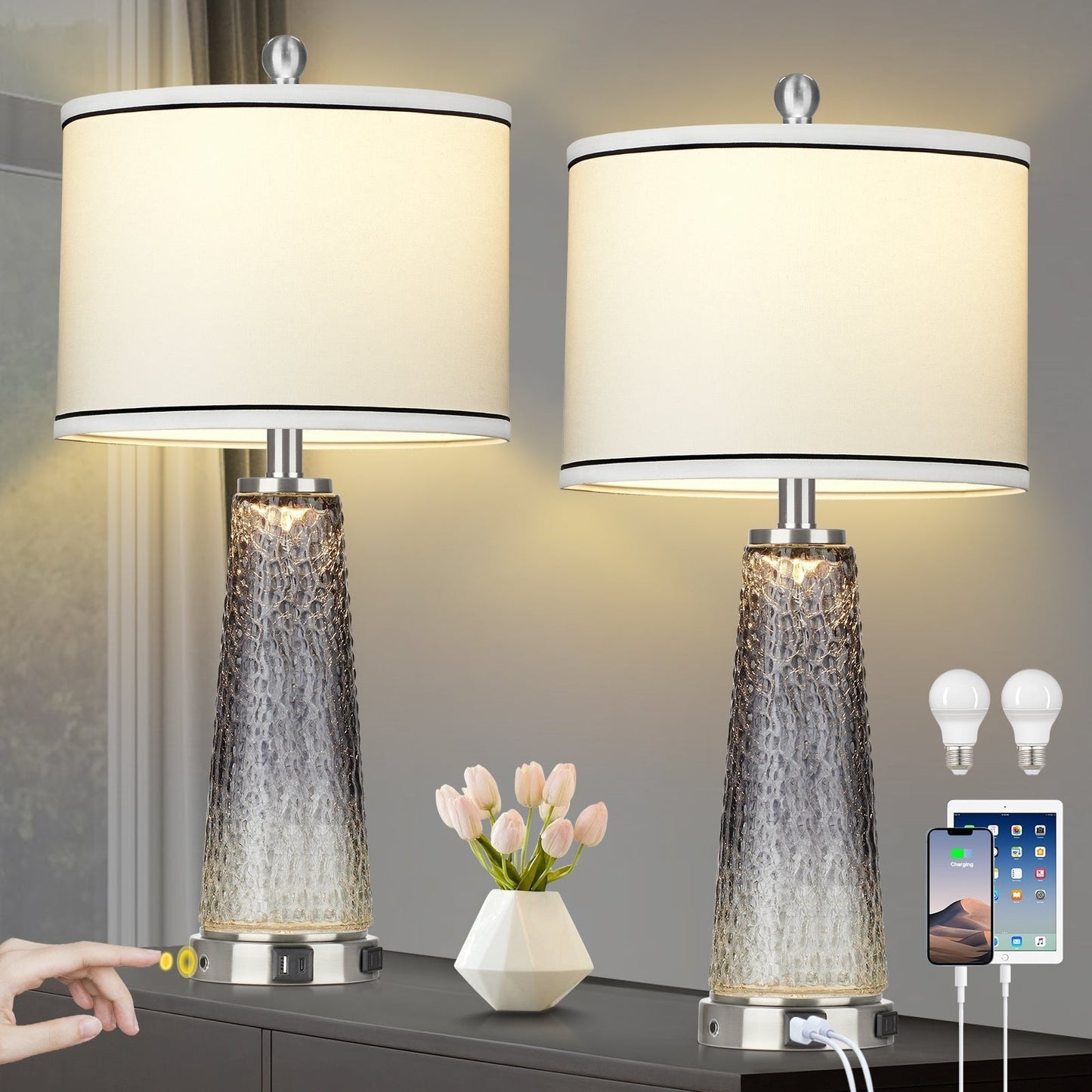 Tischlampen Nachtlicht 2in1 Glas Grau Ladeanschlüsse 2-Wege-Touch-Schalter (2er-Set) - 12'' x 12'' x 26'' (L x B x H)