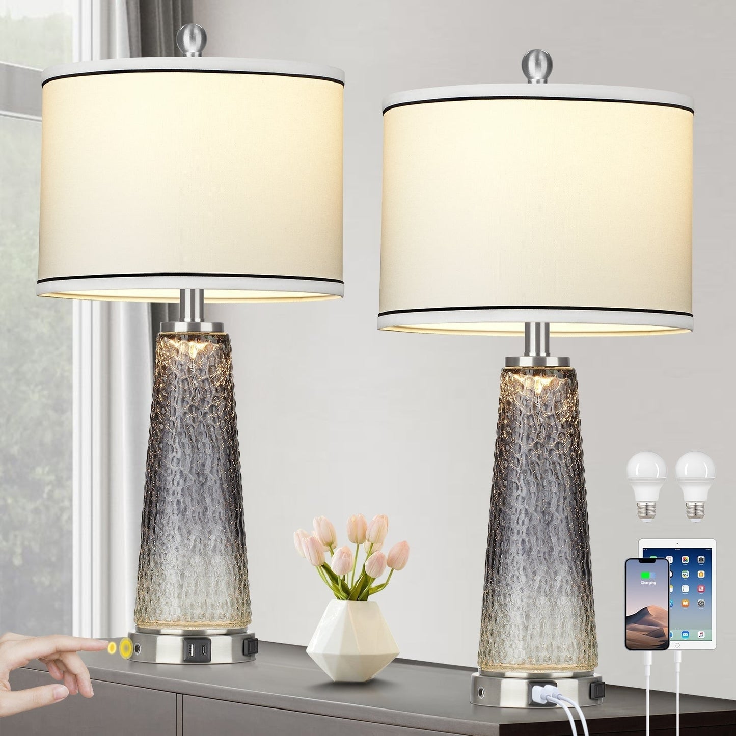Tischlampen Nachtlicht 2in1 Glas Grau Ladeanschlüsse 2-Wege-Touch-Schalter (2er-Set) - 12'' x 12'' x 26'' (L x B x H)