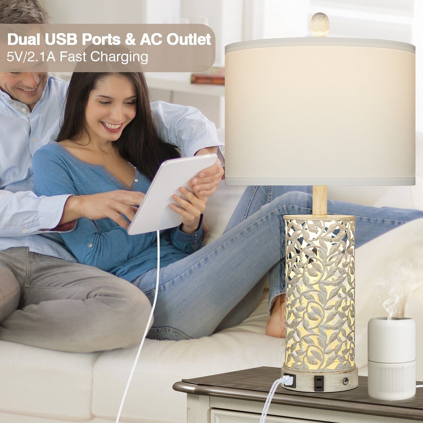 Tischlampen Nachtlicht 2in1 Weiß mit goldenem Metall USB-Anschlüsse AC-Steckdose Touch-Schalter (2er-Set)