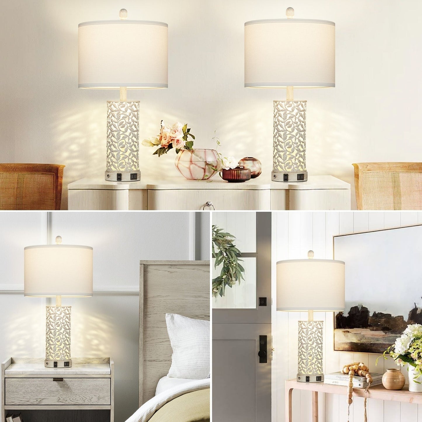 Tischlampen Nachtlicht 2in1 Weiß mit goldenem Metall USB-Anschlüsse AC-Steckdose Touch-Schalter (2er-Set)