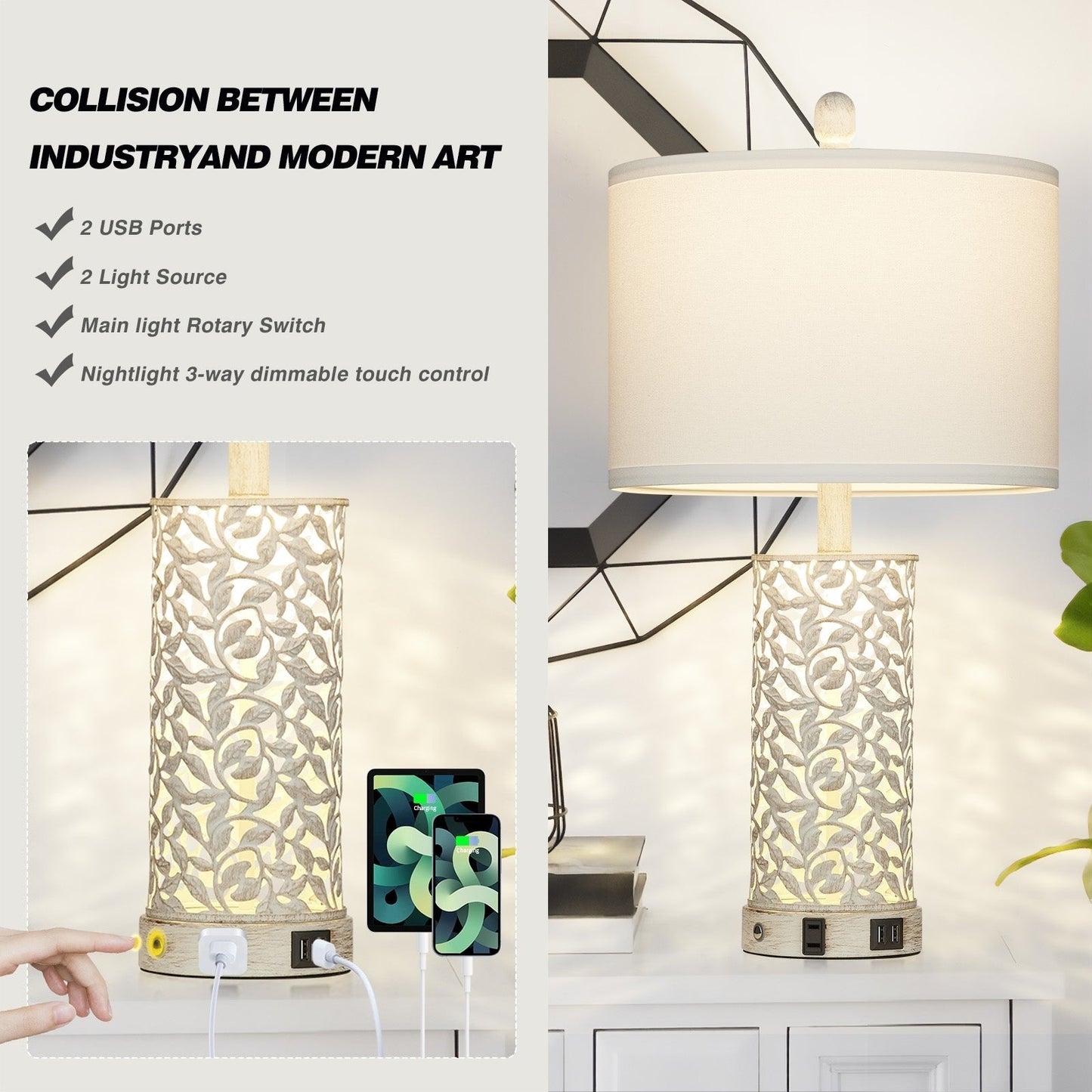 Tischlampen Nachtlicht 2in1 Weiß mit goldenem Metall USB-Anschlüsse AC-Steckdose Touch-Schalter (2er-Set)
