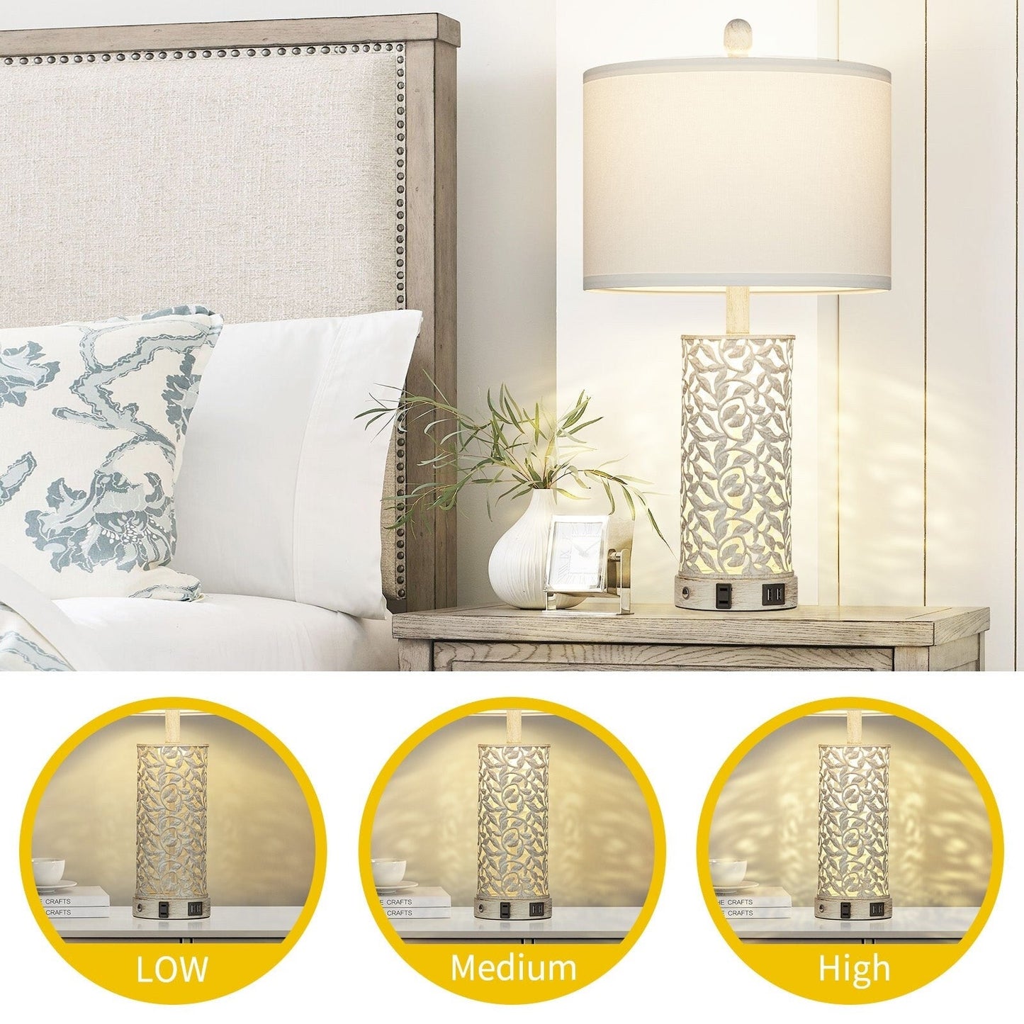Tischlampen Nachtlicht 2in1 Weiß mit goldenem Metall USB-Anschlüsse AC-Steckdose Touch-Schalter (2er-Set)