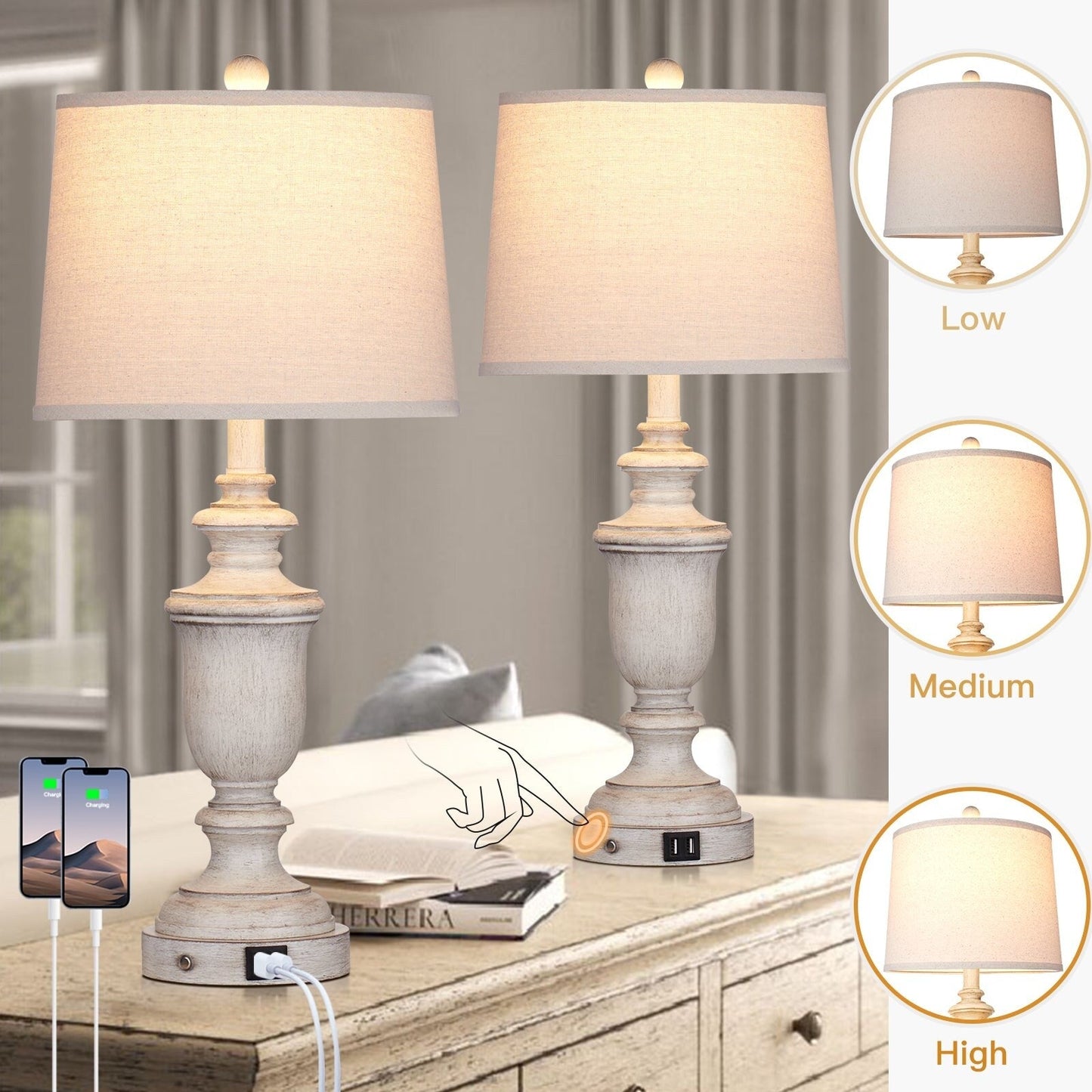 Weiße Tischlampen aus Kunstharz, USB-Ladeanschlüsse, 3-Wege-Touch-Schalter (2er-Set) – 12,5 x 12,5 x 25,6 Zoll (L x B x H)