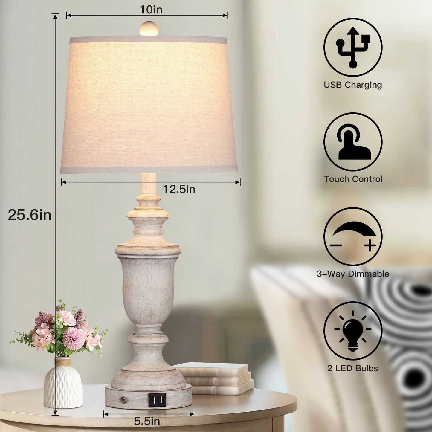 Weiße Tischlampen aus Kunstharz, USB-Ladeanschlüsse, 3-Wege-Touch-Schalter (2er-Set) – 12,5 x 12,5 x 25,6 Zoll (L x B x H)