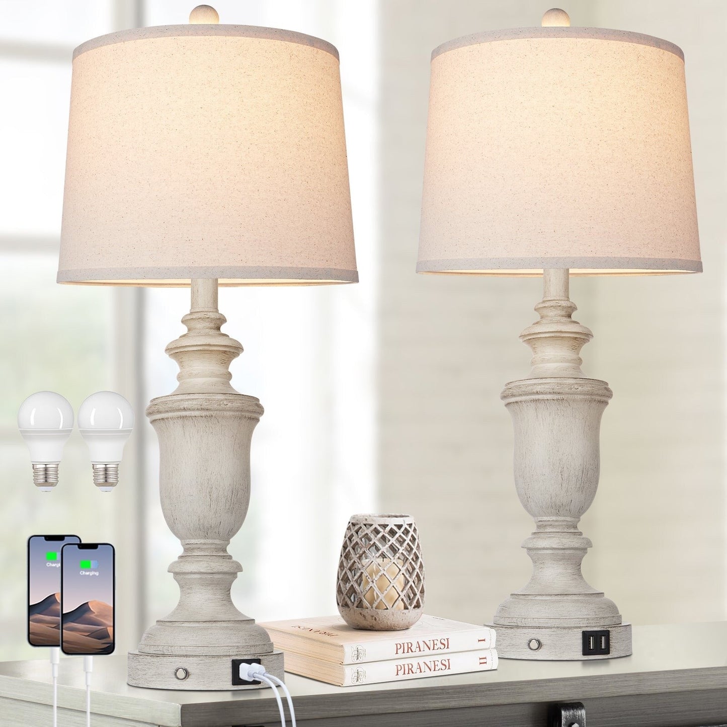 Weiße Tischlampen aus Kunstharz, USB-Ladeanschlüsse, 3-Wege-Touch-Schalter (2er-Set) – 12,5 x 12,5 x 25,6 Zoll (L x B x H)