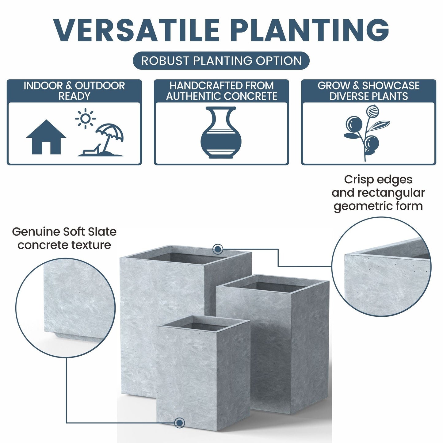 Hohe rechteckige Pflanzkästen aus Beton / Große Blumenkübel für drinnen und draußen