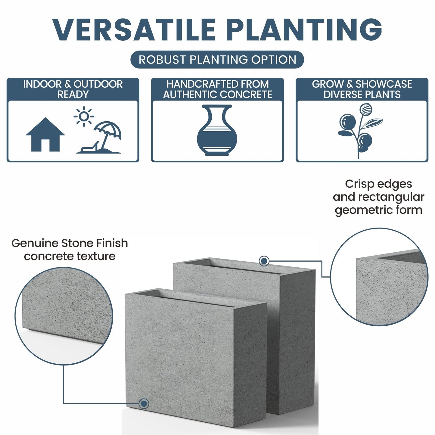 Hohe rechteckige Pflanzkästen aus Beton / Große Blumenkübel für drinnen und draußen