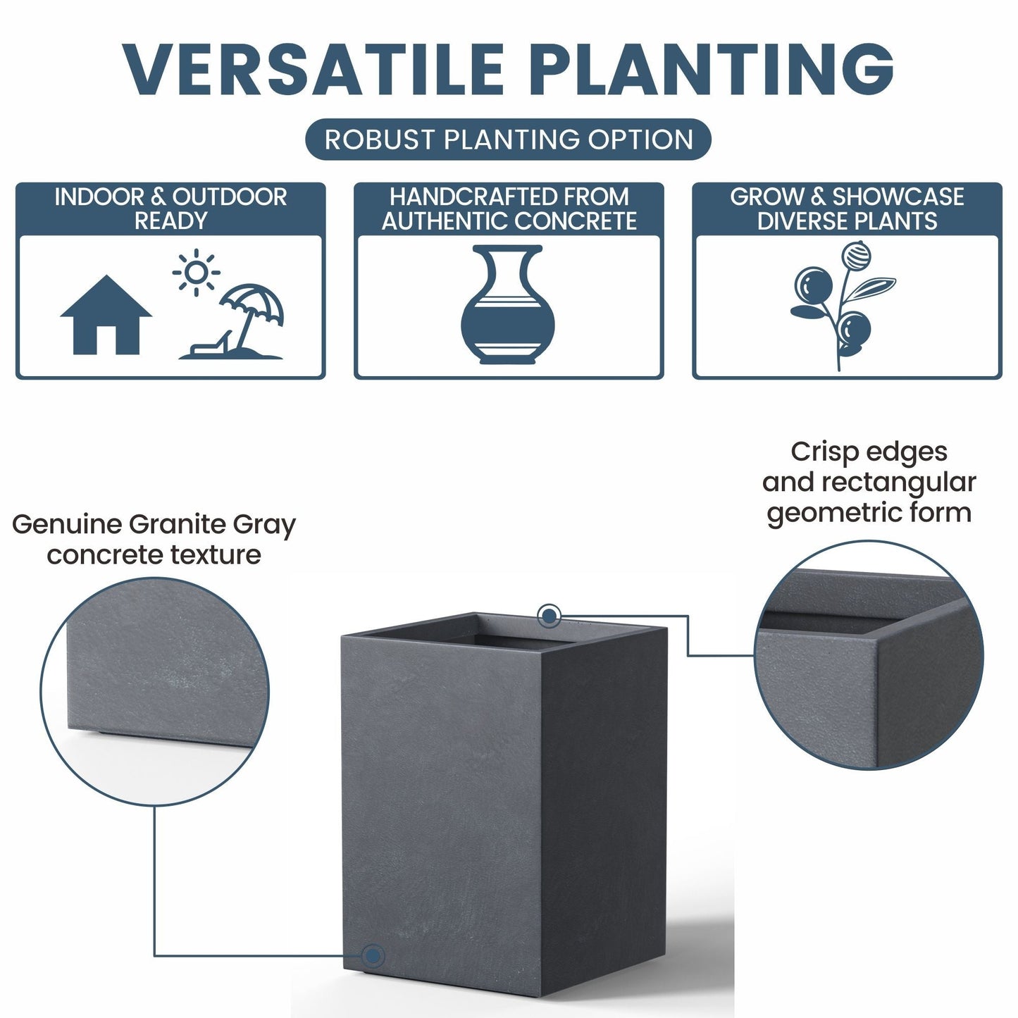 Hohe rechteckige Pflanzkästen aus Beton / Große Blumenkübel für drinnen und draußen