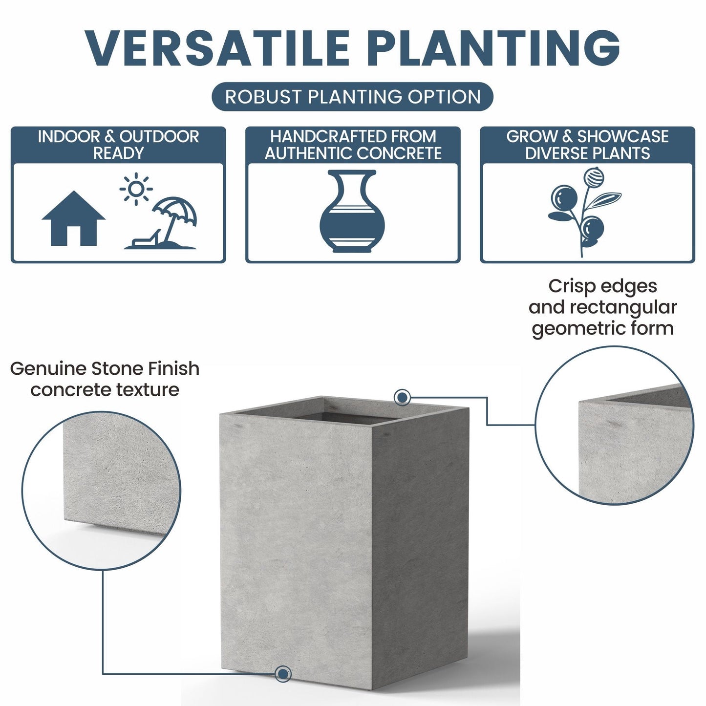 Hohe rechteckige Pflanzkästen aus Beton / Große Blumenkübel für drinnen und draußen