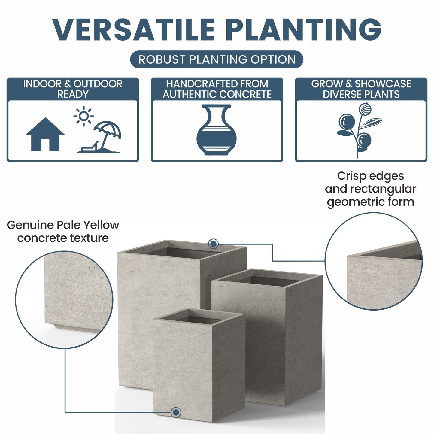 Hohe rechteckige Pflanzkästen aus Beton / Große Blumenkübel für drinnen und draußen