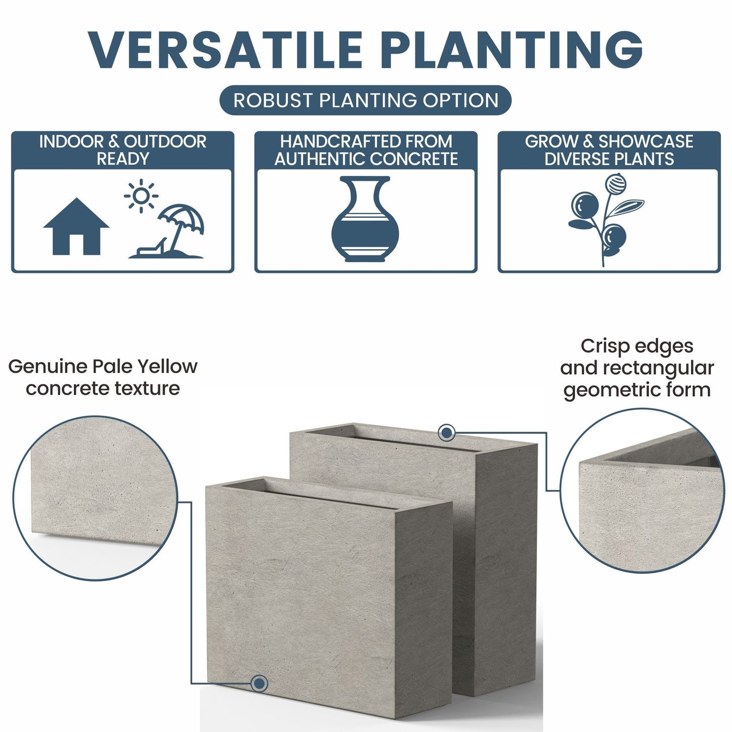 Hohe rechteckige Pflanzkästen aus Beton / Große Blumenkübel für drinnen und draußen