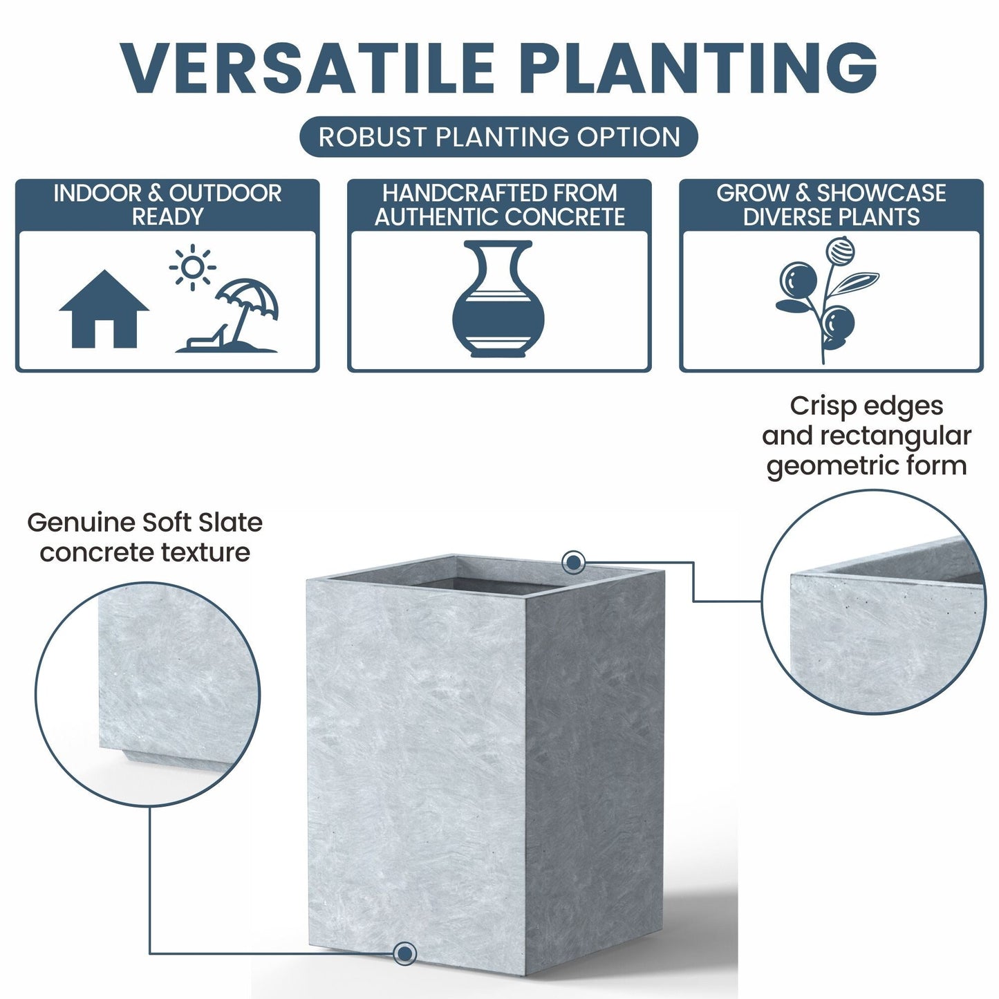 Hohe rechteckige Pflanzkästen aus Beton / Große Blumenkübel für drinnen und draußen