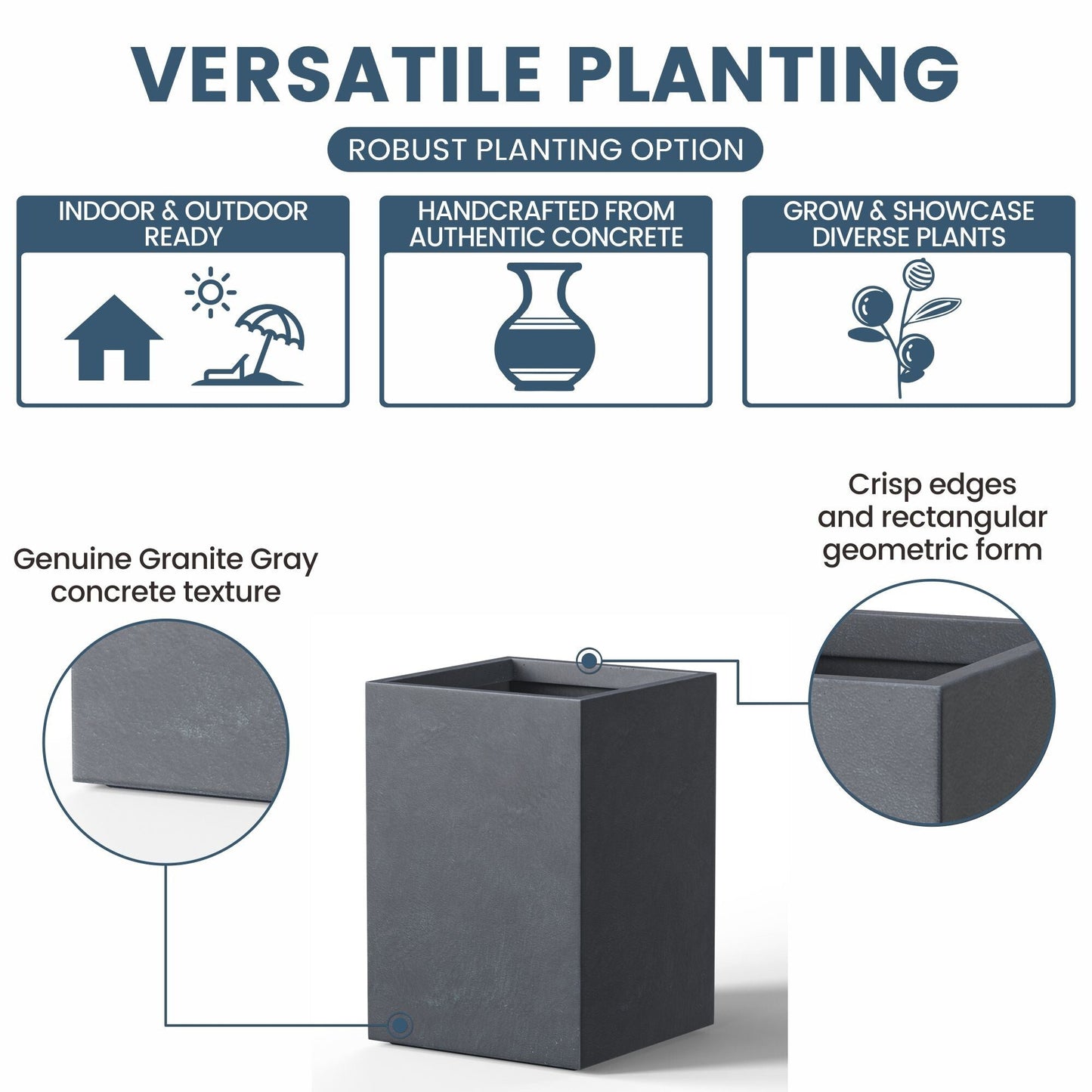 Hohe rechteckige Pflanzkästen aus Beton / Große Blumenkübel für drinnen und draußen