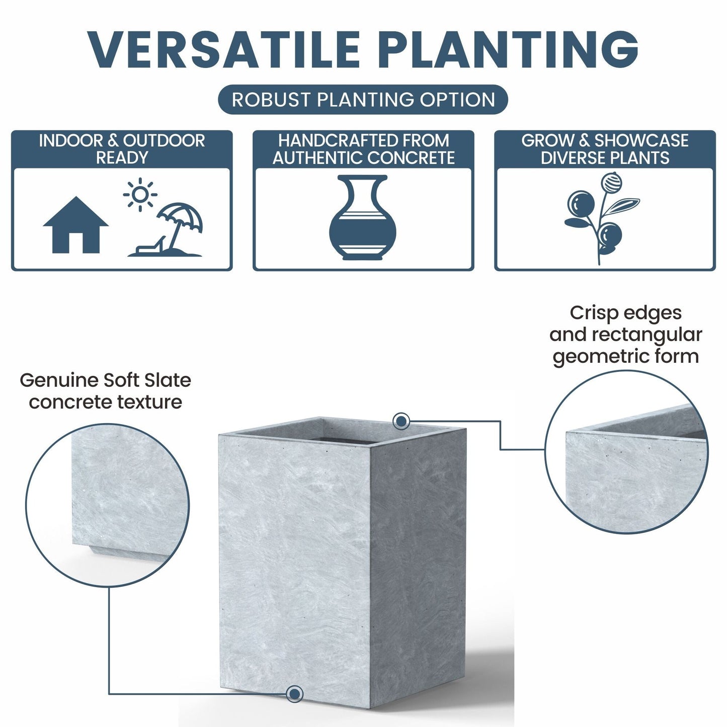 Hohe rechteckige Pflanzkästen aus Beton / Große Blumenkübel für drinnen und draußen