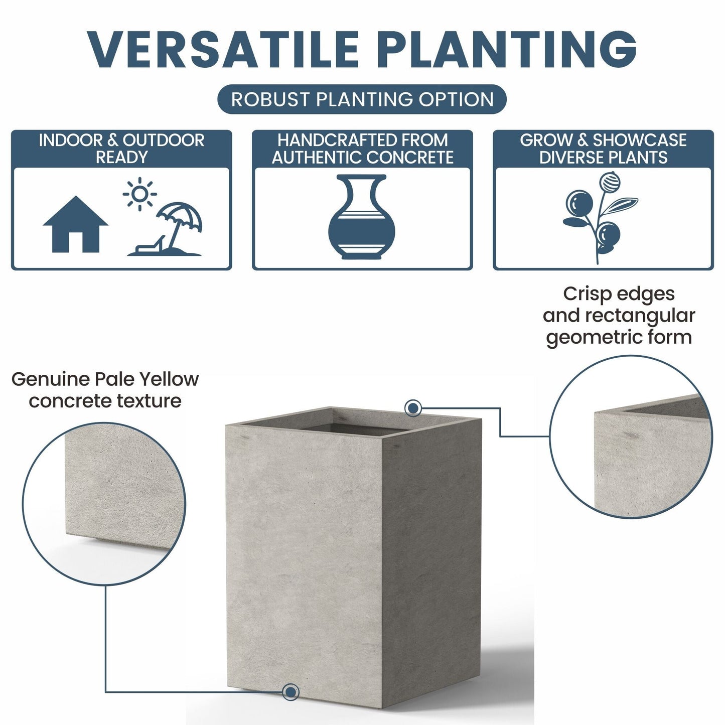 Hohe rechteckige Pflanzkästen aus Beton / Große Blumenkübel für drinnen und draußen