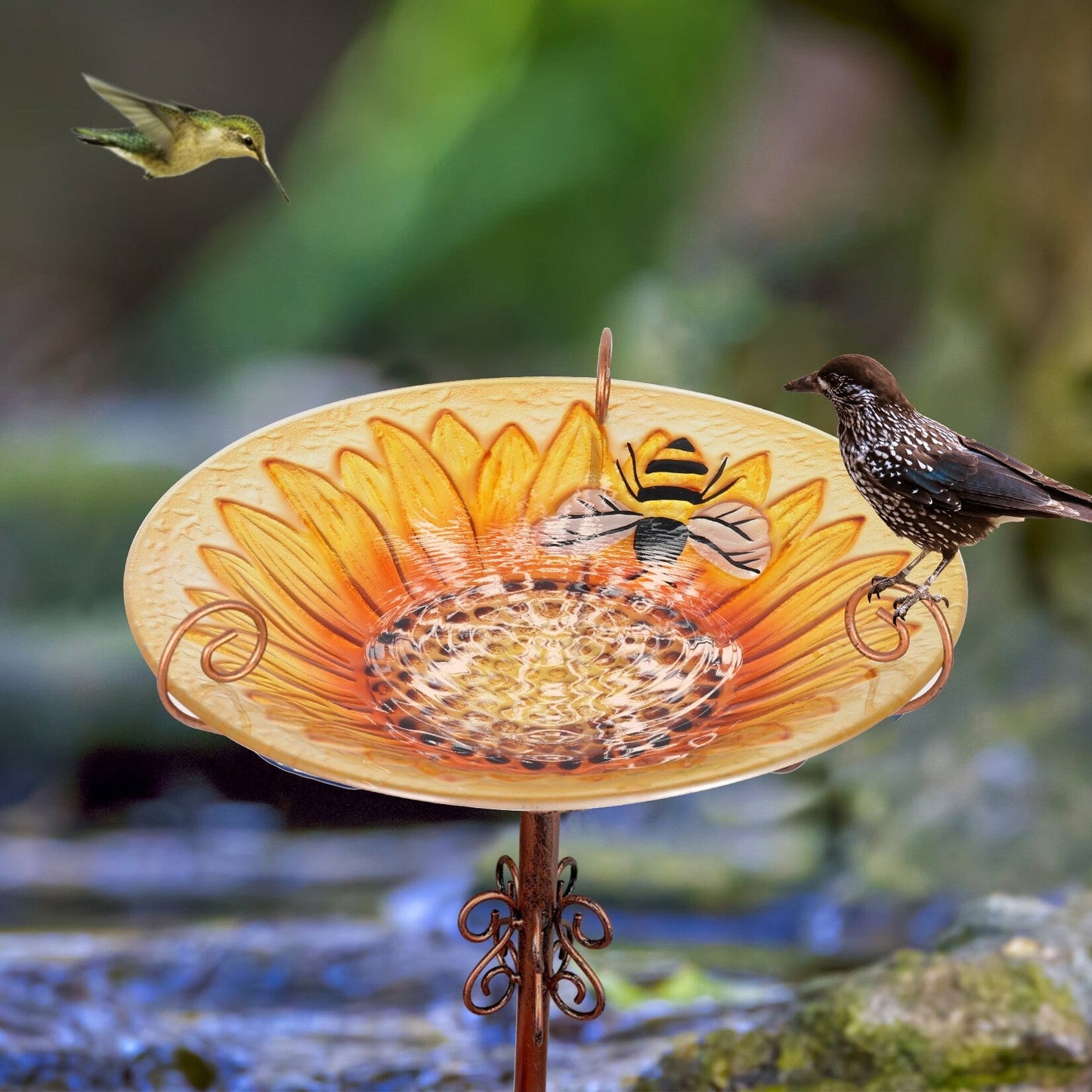 Hohes Vogelbad aus Glas, Vogelfutterspender mit Metallpfahl, für Garten, Hof, Außenbereich