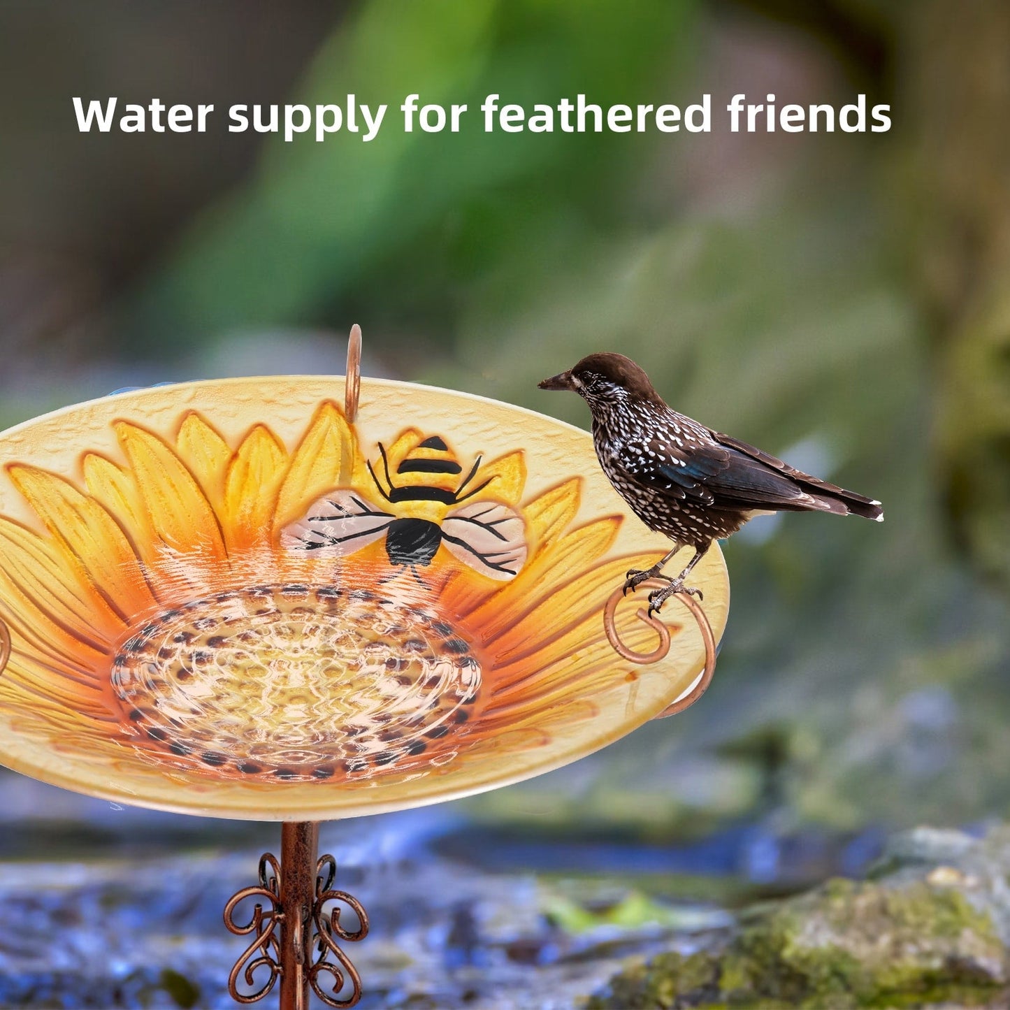 Hohes Vogelbad aus Glas, Vogelfutterspender mit Metallpfahl, für Garten, Hof, Außenbereich