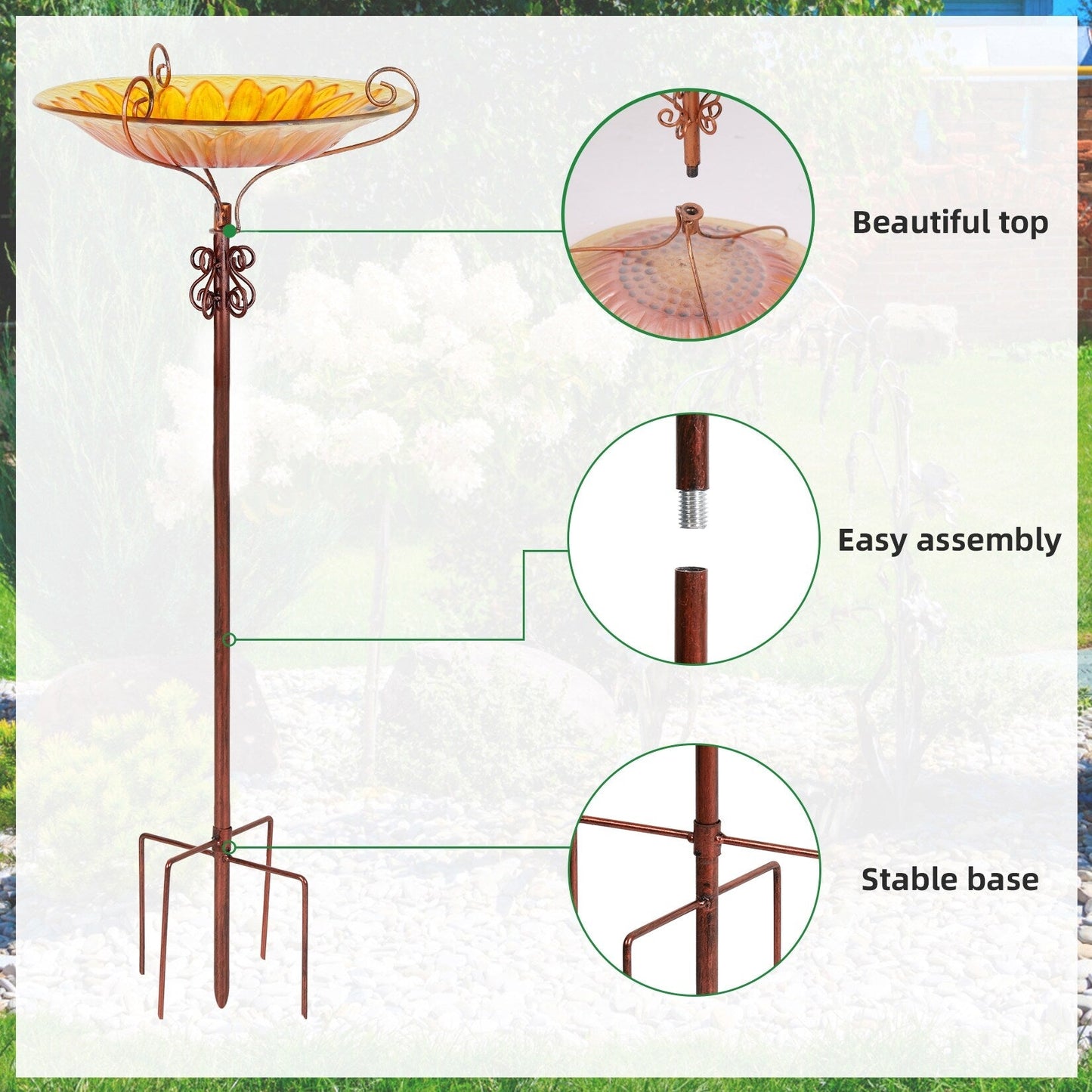 Hohes Vogelbad aus Glas, Vogelfutterspender mit Metallpfahl, für Garten, Hof, Außenbereich