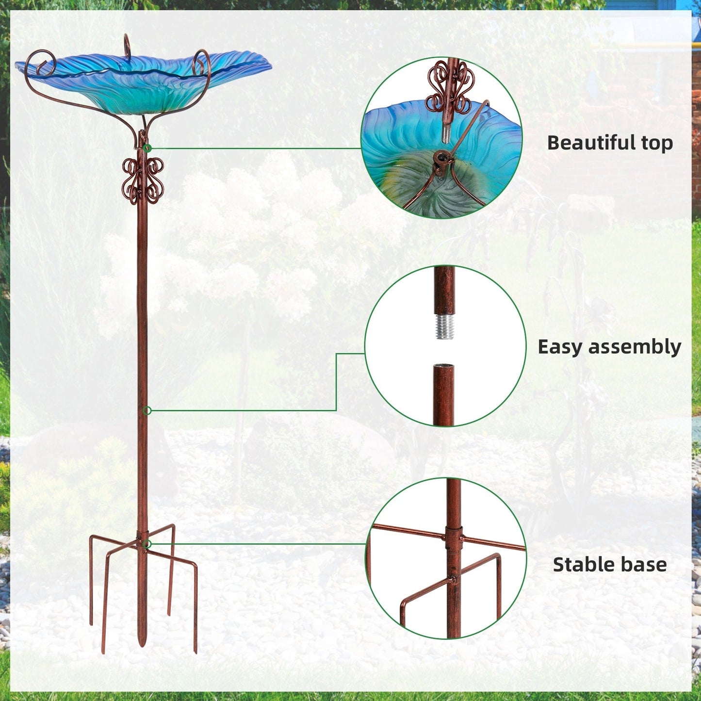 Hohes Vogelbad aus Glas, Vogelfutterspender mit Metallpfahl, für Garten, Hof, Außenbereich