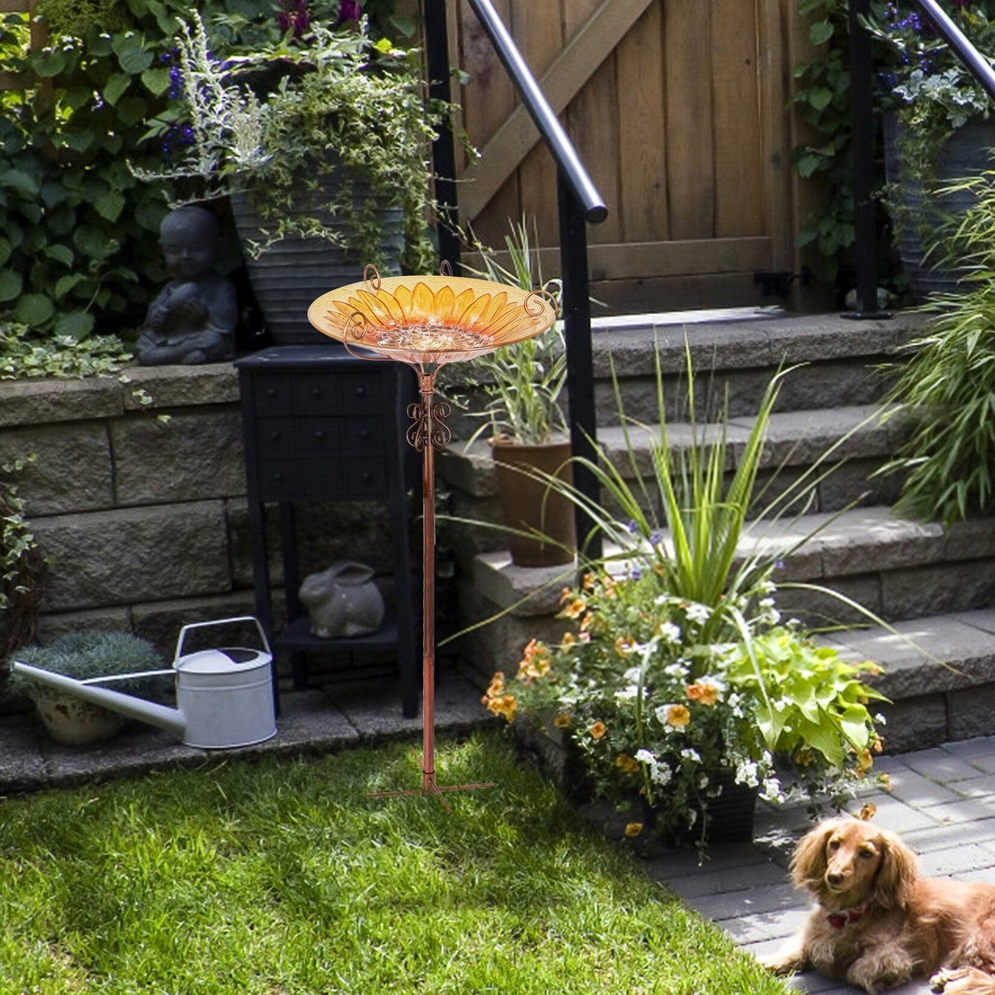 Hohes Vogelbad aus Glas, Vogelfutterspender mit Metallpfahl, für Garten, Hof, Außenbereich
