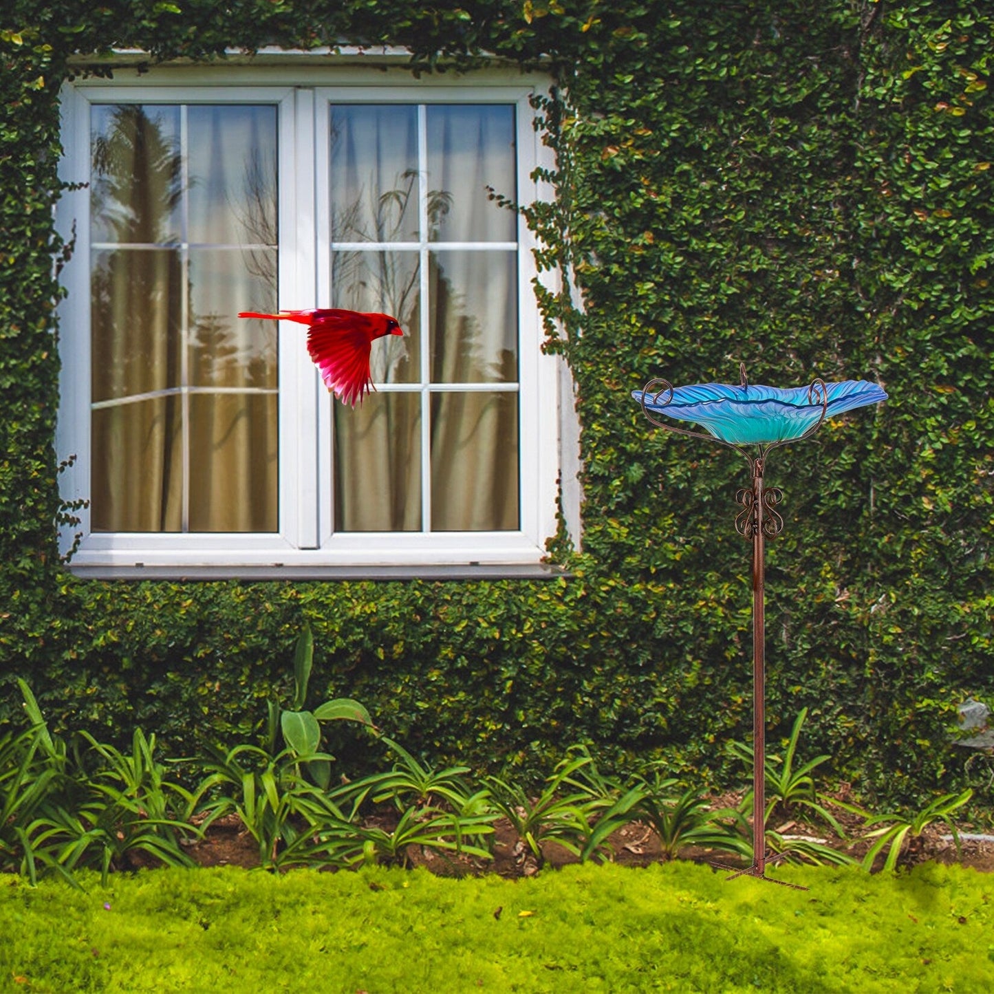 Hohes Vogelbad aus Glas, Vogelfutterspender mit Metallpfahl, für Garten, Hof, Außenbereich