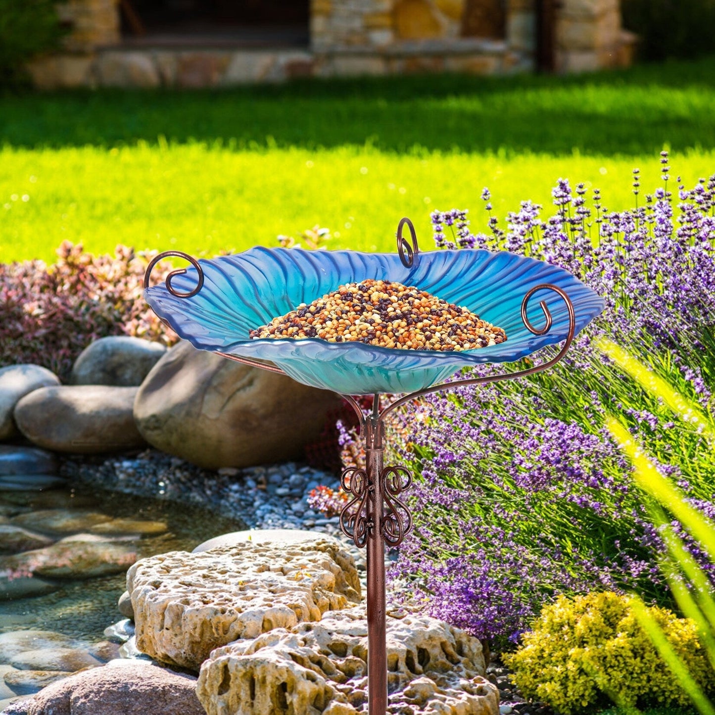 Hohes Vogelbad aus Glas, Vogelfutterspender mit Metallpfahl, für Garten, Hof, Außenbereich