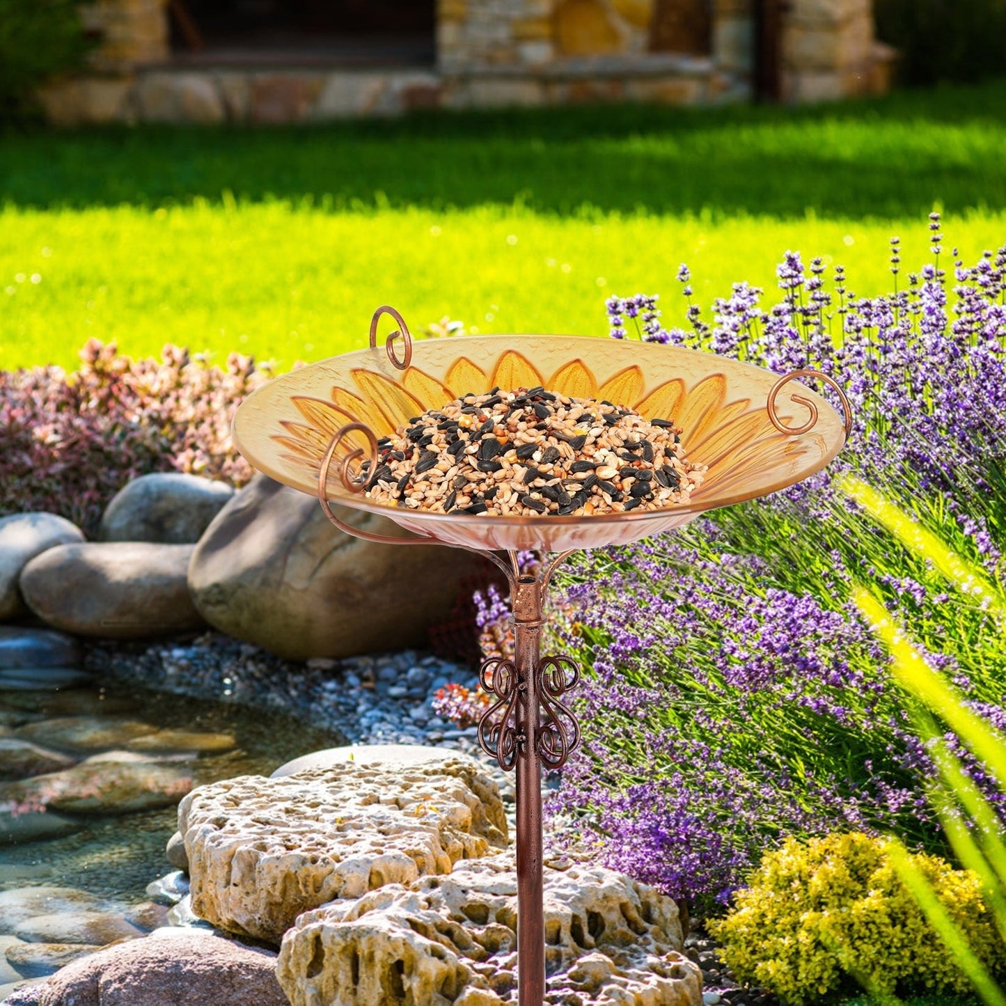 Hohes Vogelbad aus Glas, Vogelfutterspender mit Metallpfahl, für Garten, Hof, Außenbereich